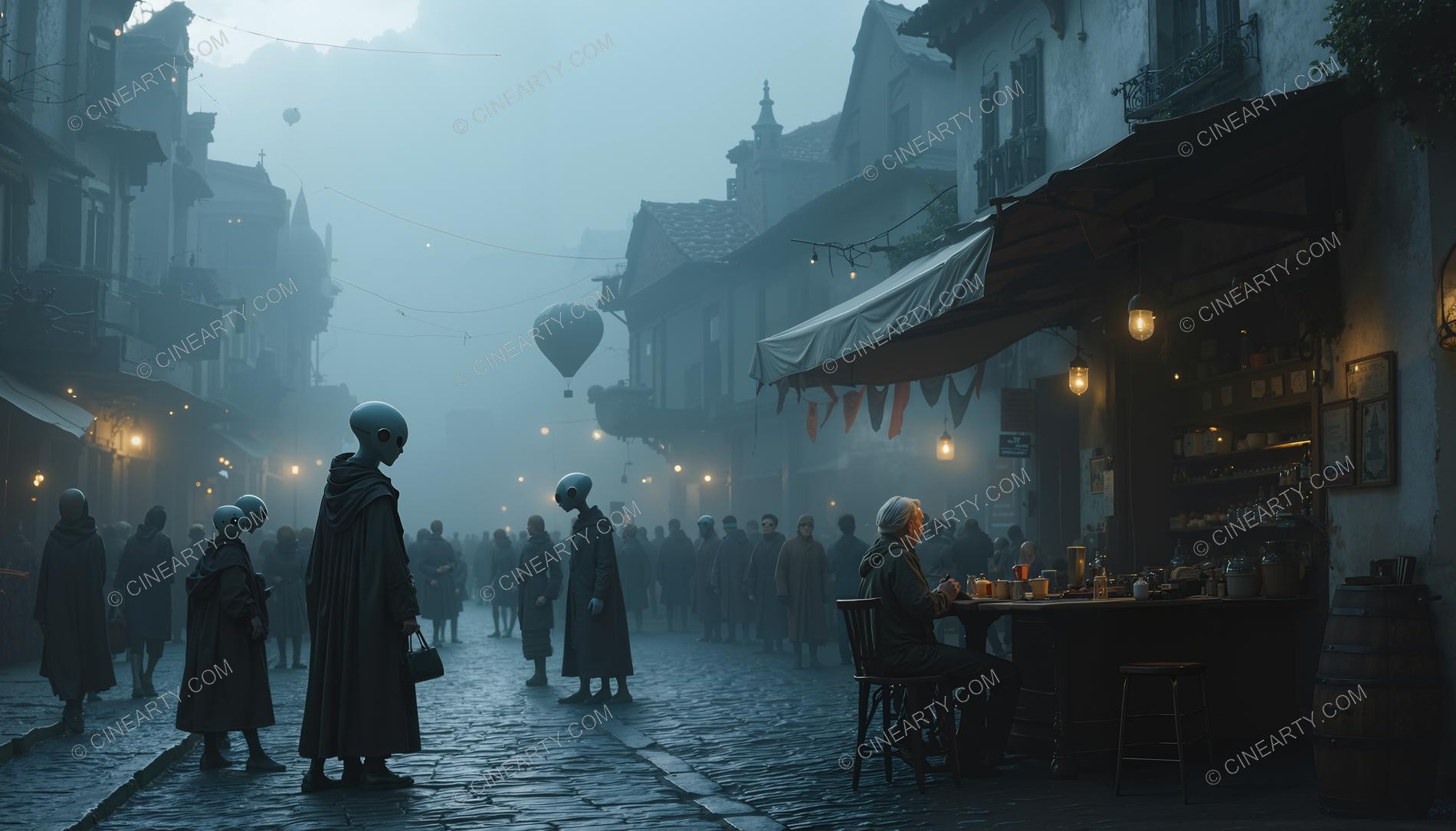 Alien Humanoids in an Old Misty European Town 37906