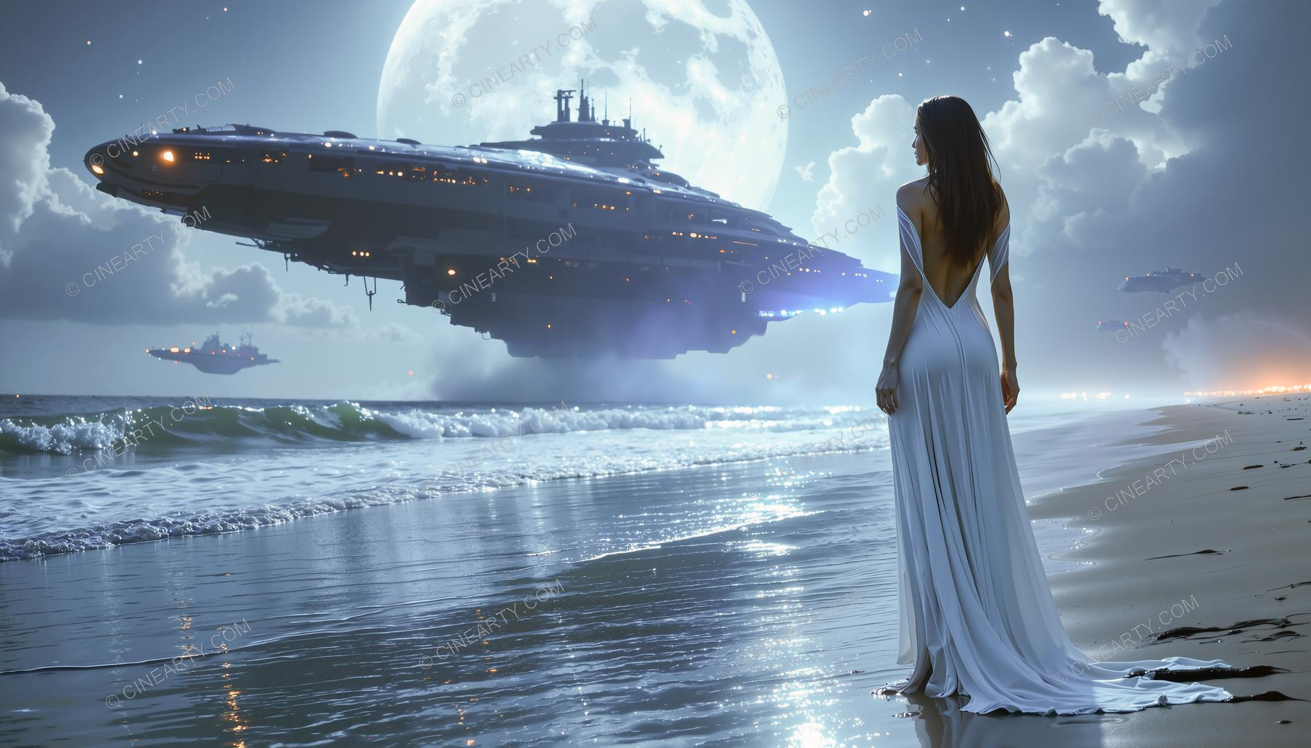 Elegant Lady Encounters Alien Spaceship on Beach 68195