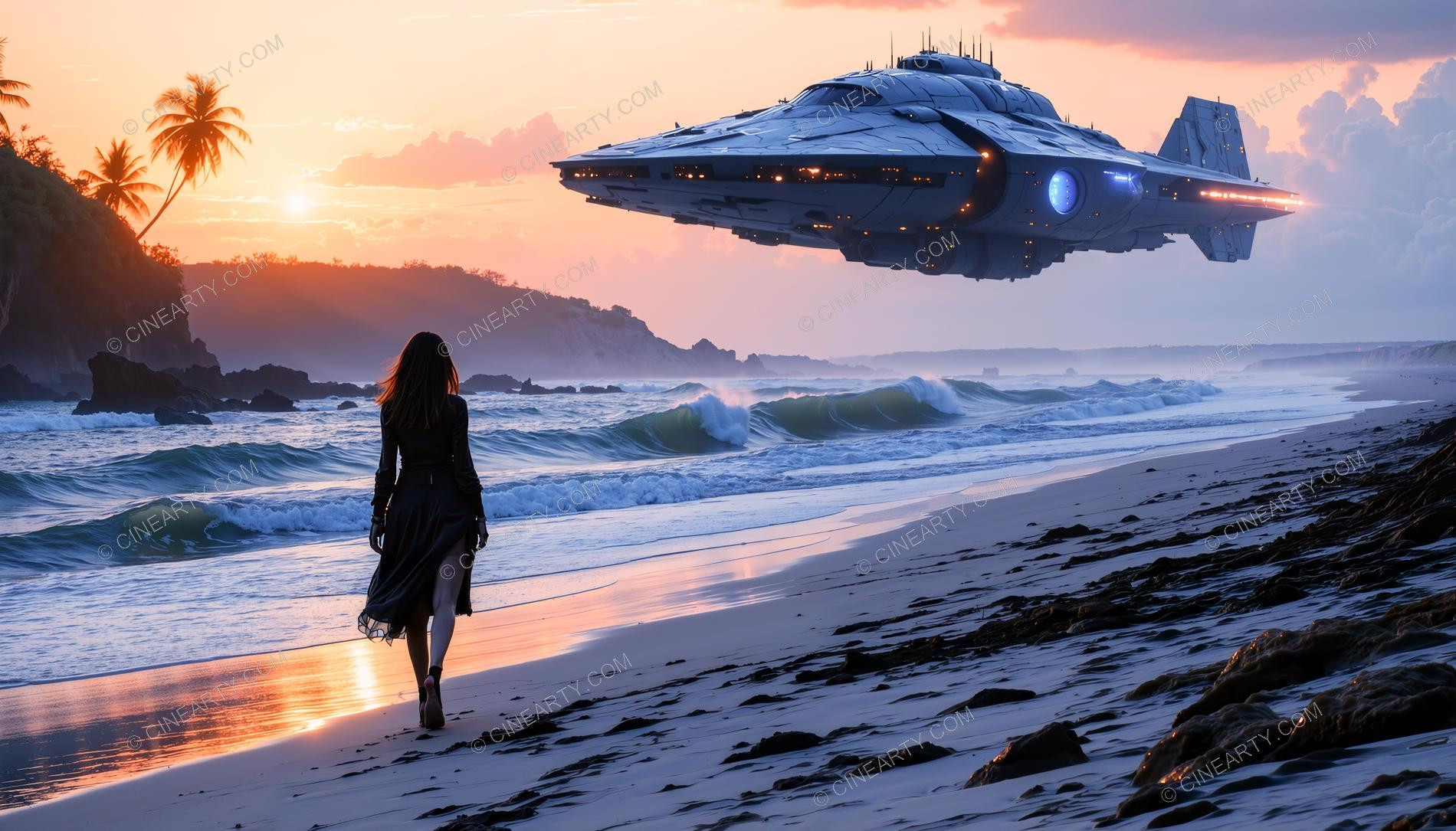 Elegant Lady Encounters Alien Spaceship on Beach 63423