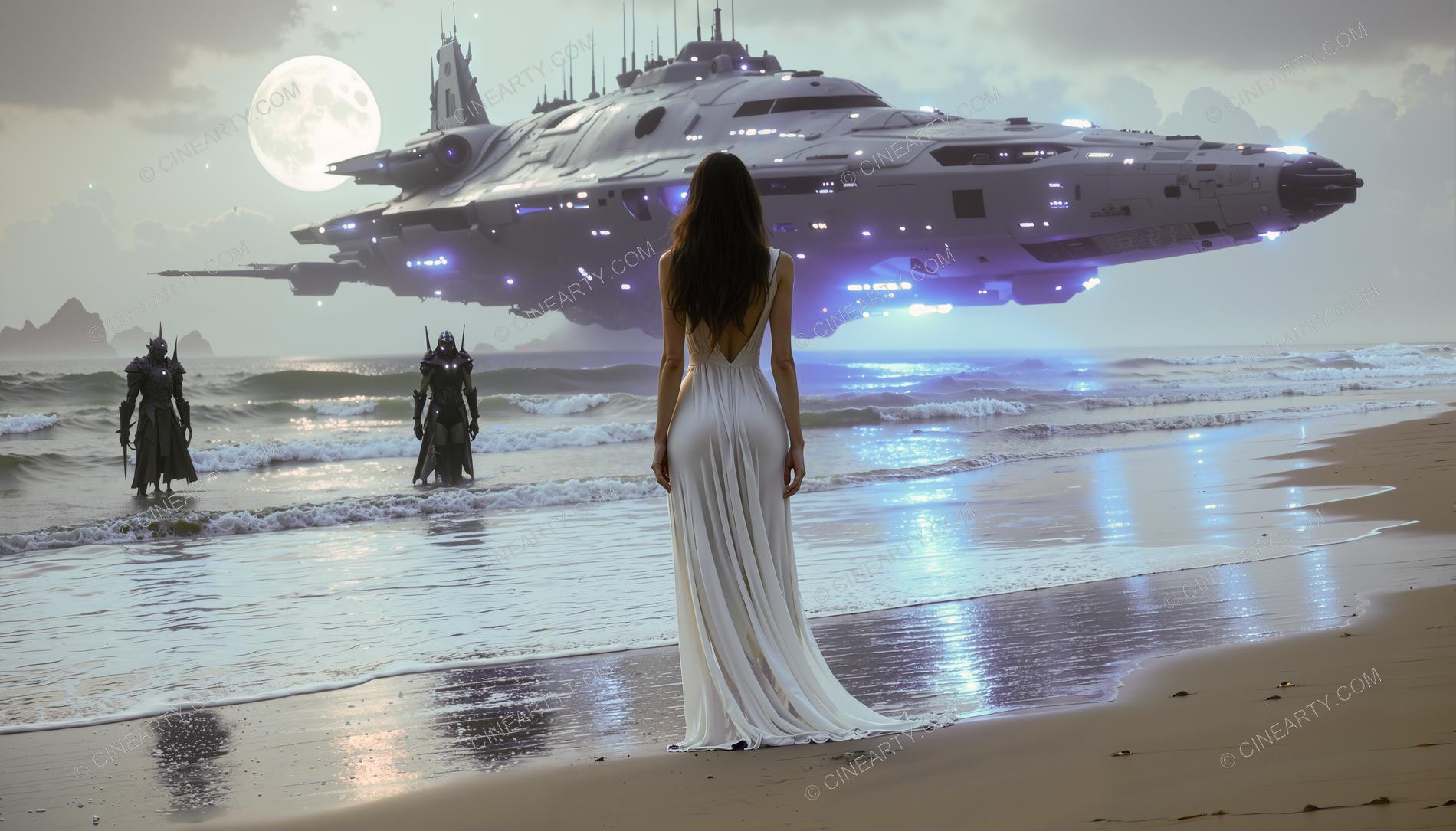 Elegant Lady Encounters Alien Spaceship on Beach 02202