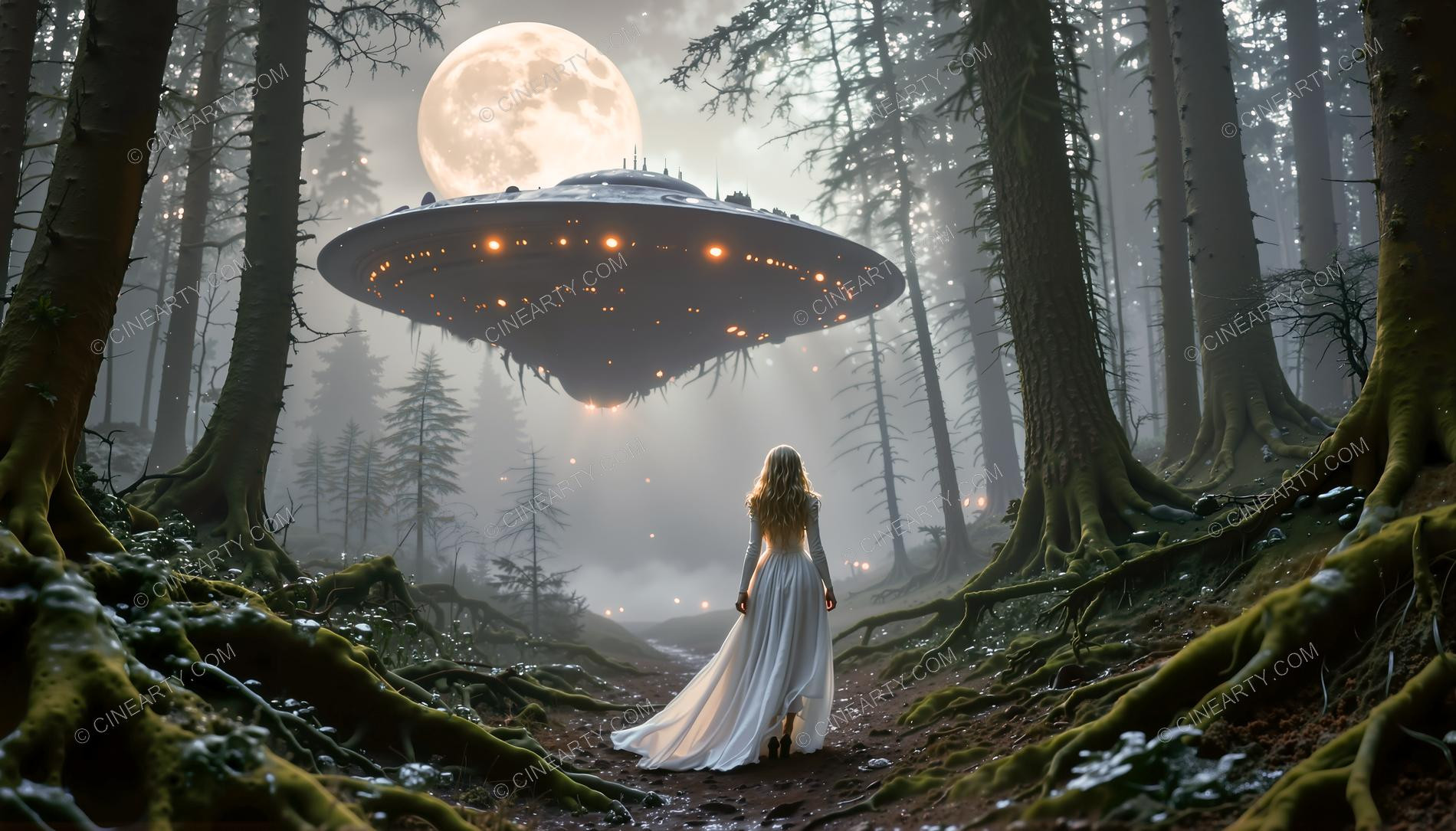 Elegant Lady Encounters Flying Saucer in Forest 91509