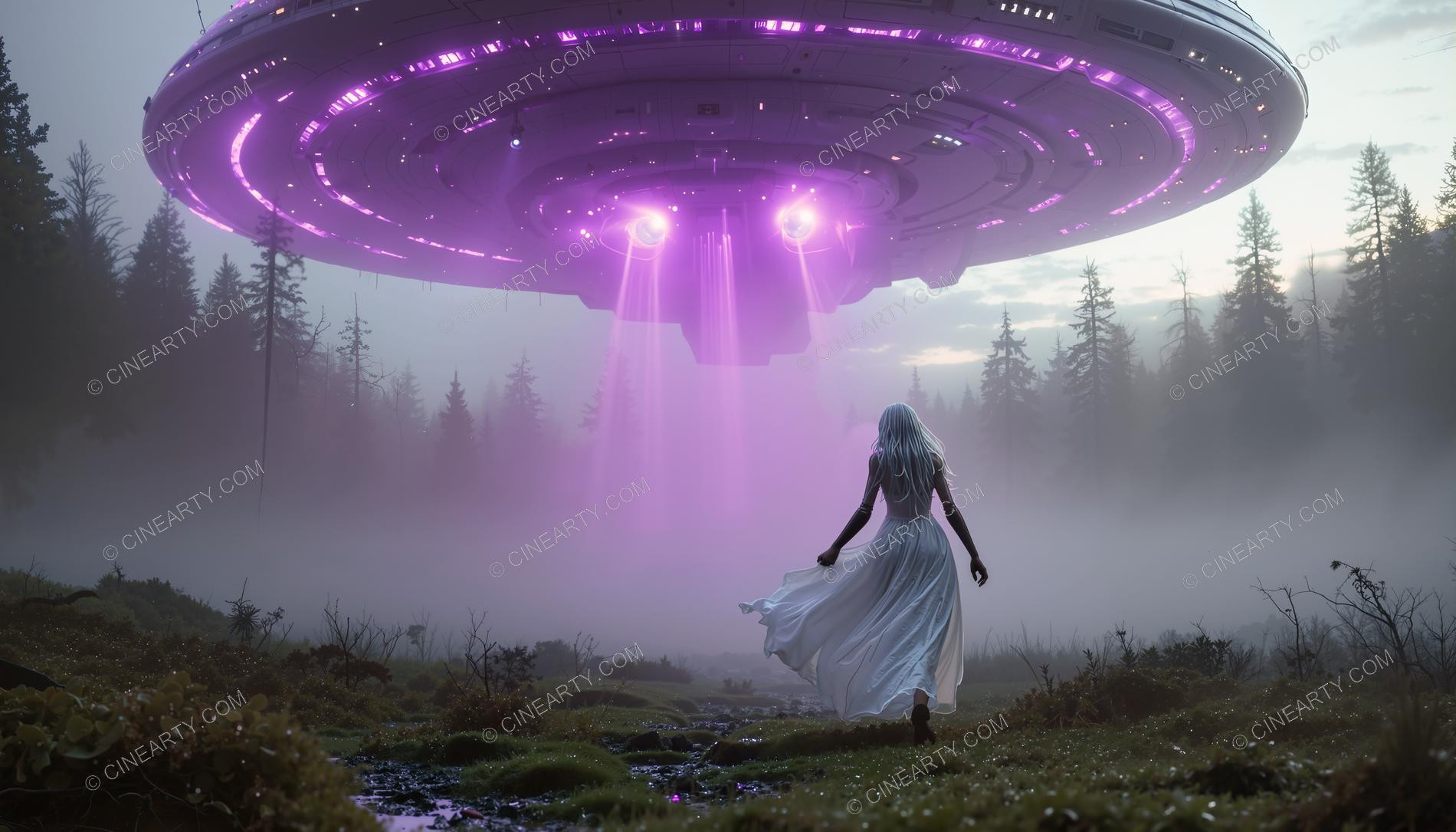 Elegant Lady Encounters Flying Saucer in Forest 53388