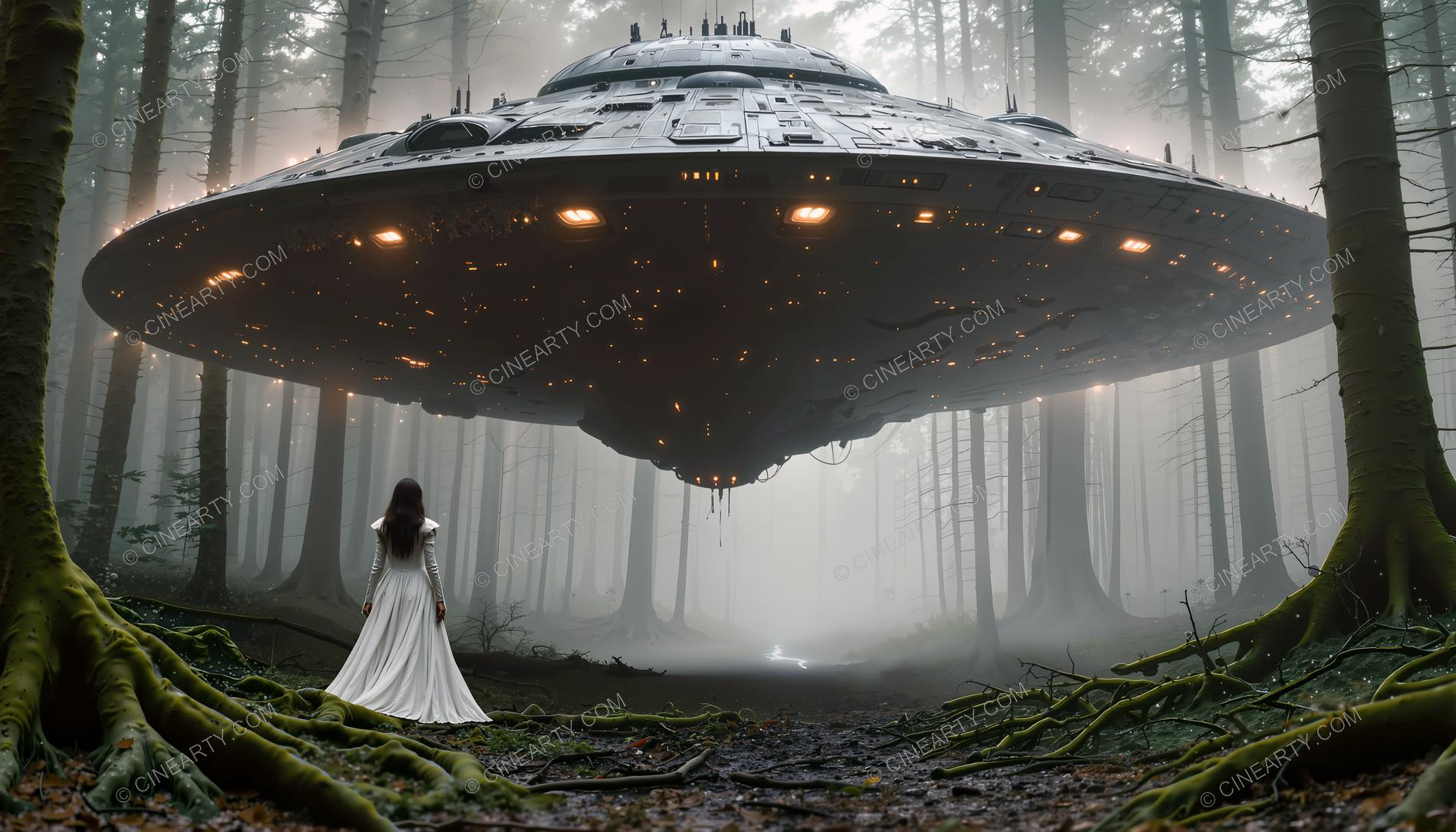 Elegant Lady Encounters Flying Saucer in Forest 29857