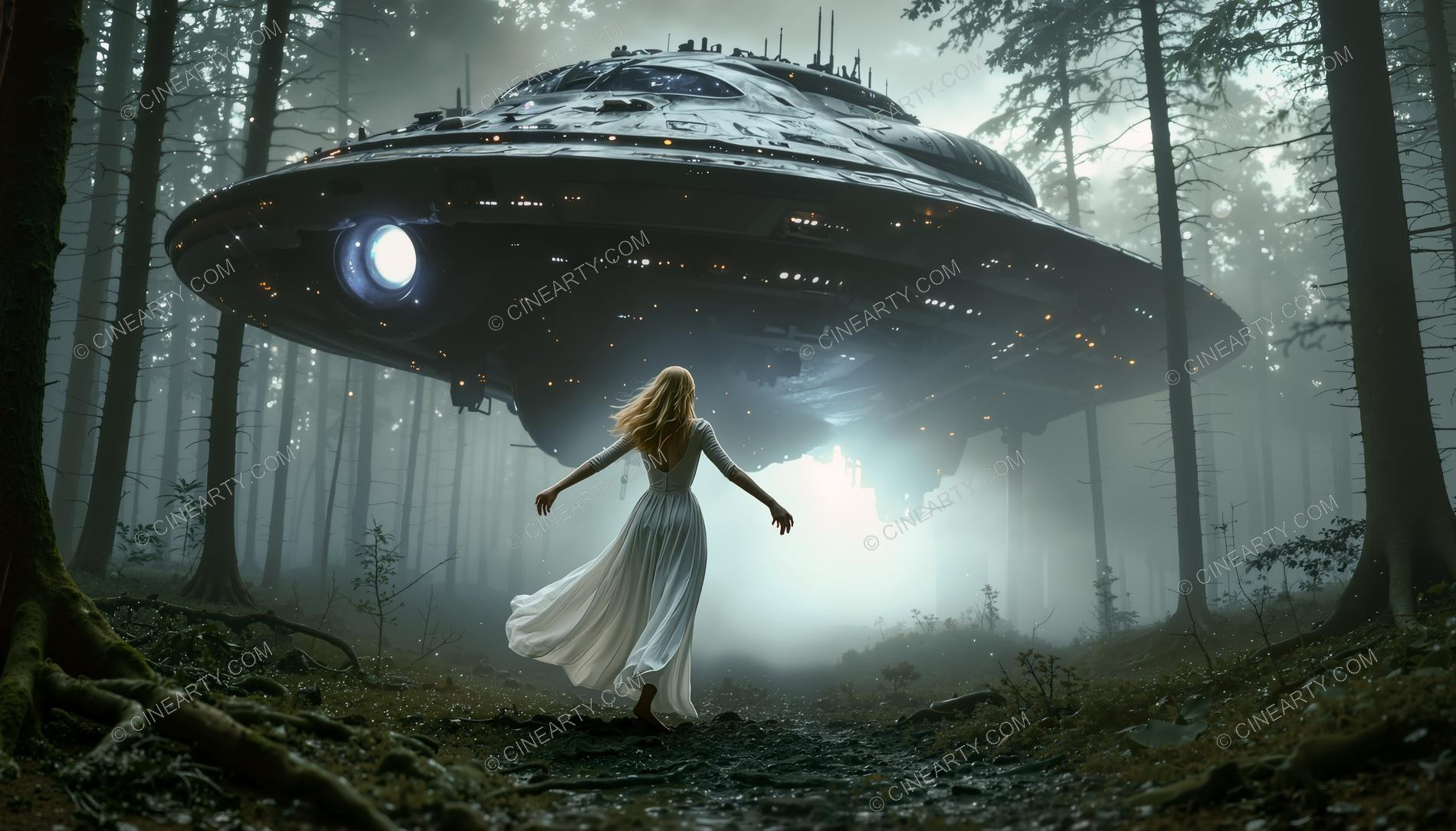 Elegant Lady Encounters Flying Saucer in Forest 91661