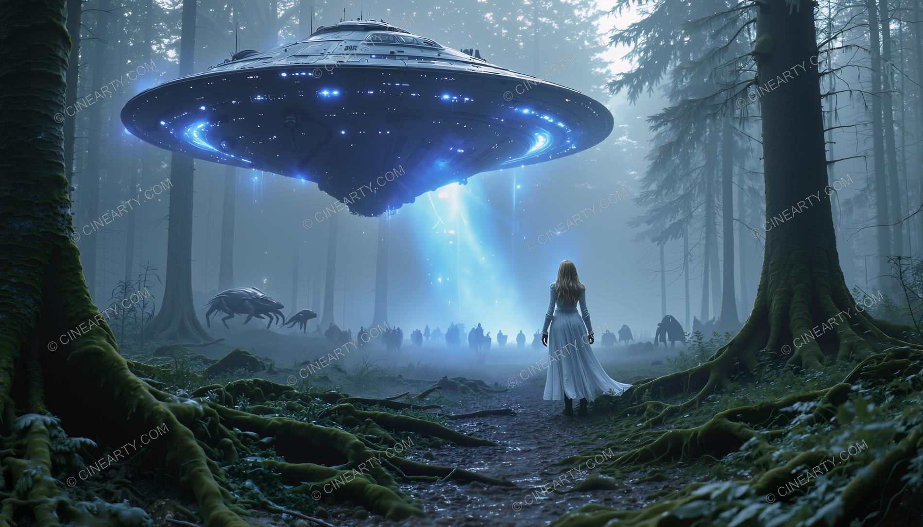 Elegant Lady Encounters Flying Saucer in Forest 67276