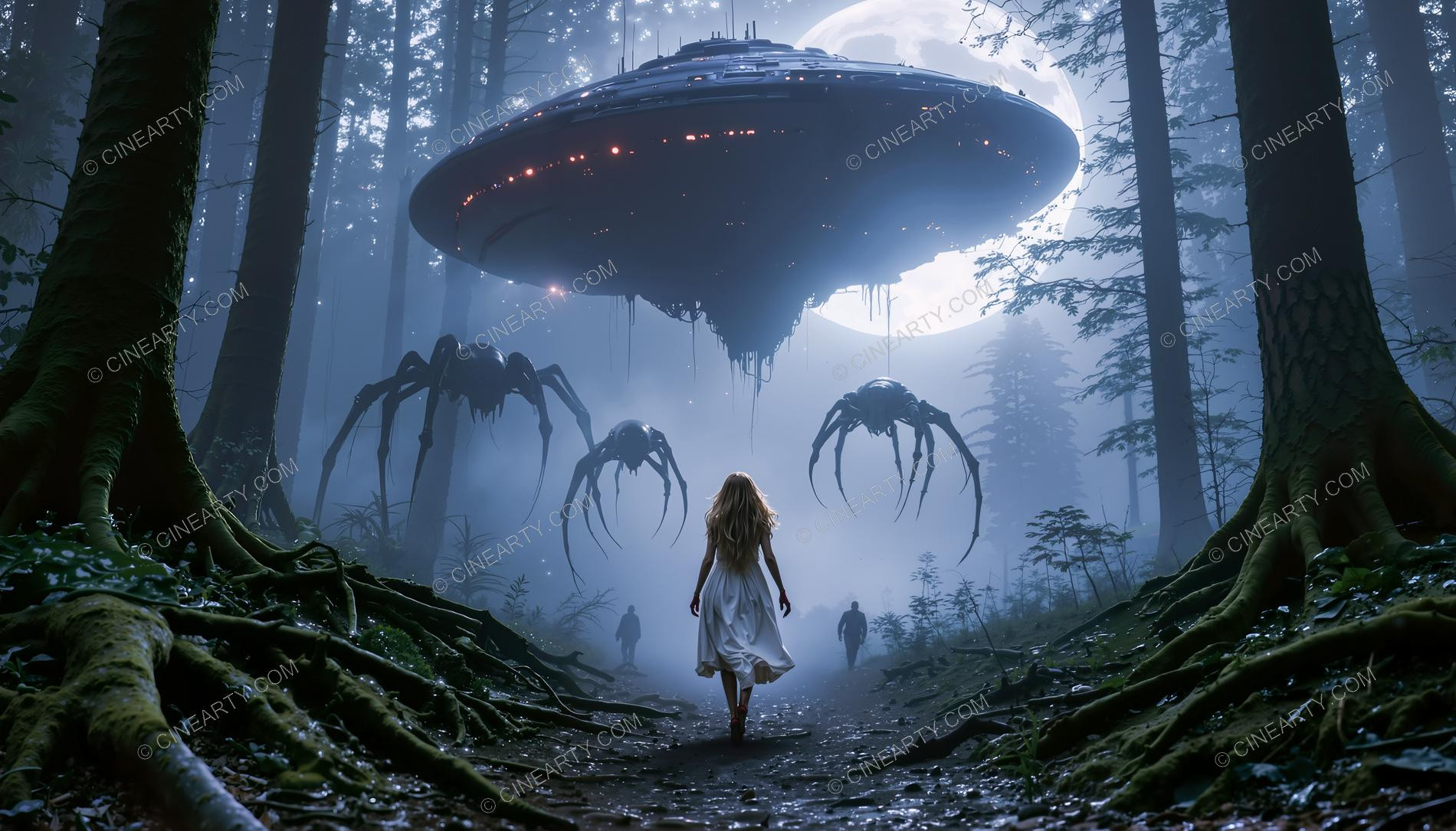 Elegant Lady Encounters Flying Saucer in Forest 08521