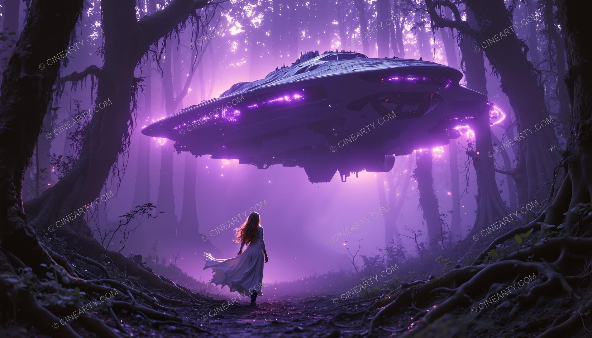 Elegant Lady Encounters Flying Saucer in Forest 58263