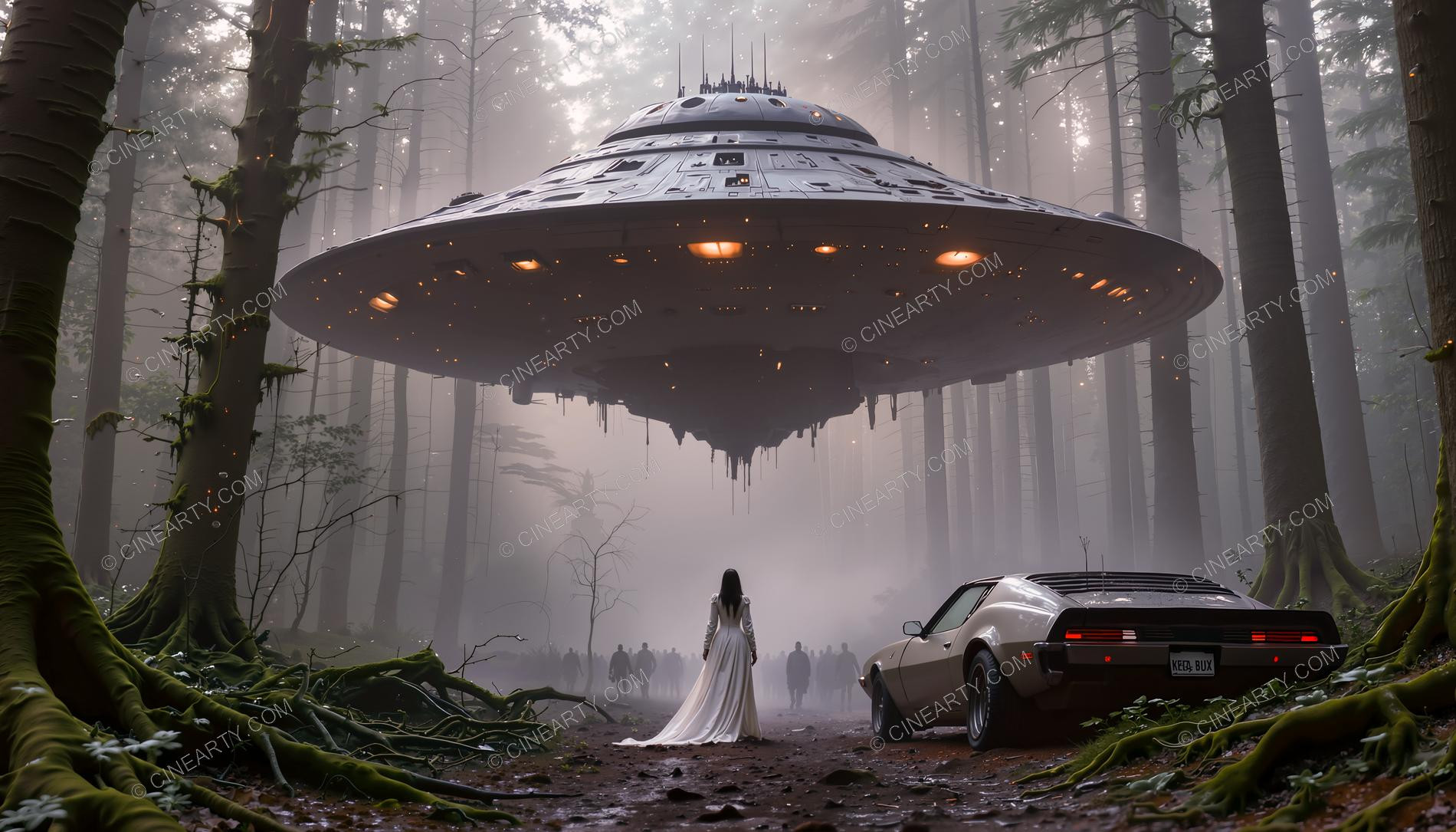 Elegant Lady Encounters Flying Saucer in Forest 09115