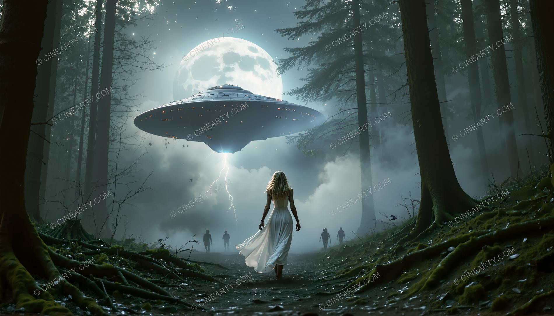 Elegant Lady Encounters Flying Saucer in Forest 43623
