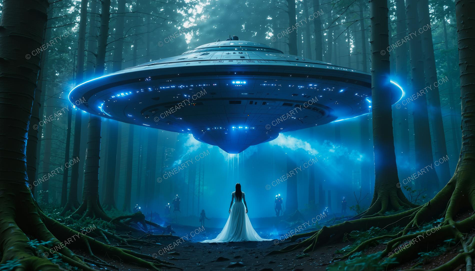 Elegant Lady Encounters Flying Saucer in Forest 24441