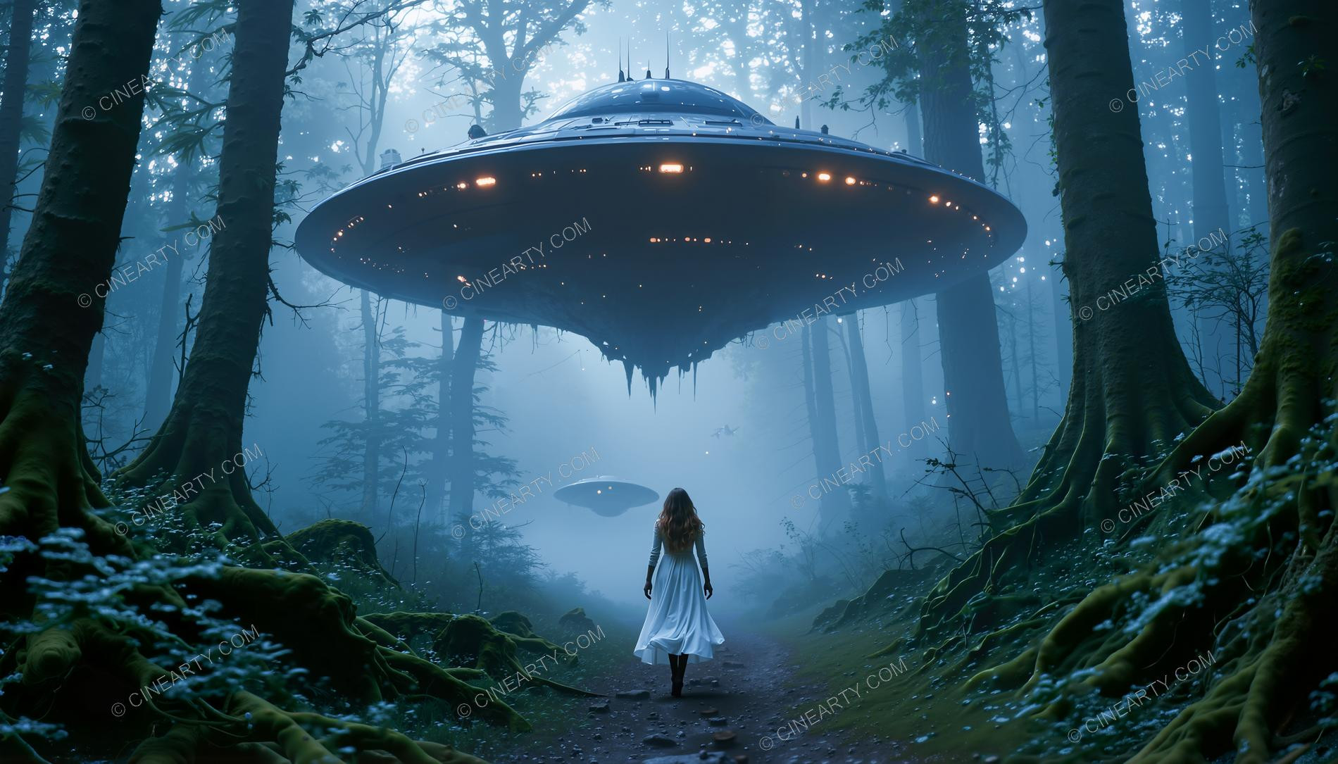 Elegant Lady Encounters Flying Saucer in Forest 64988