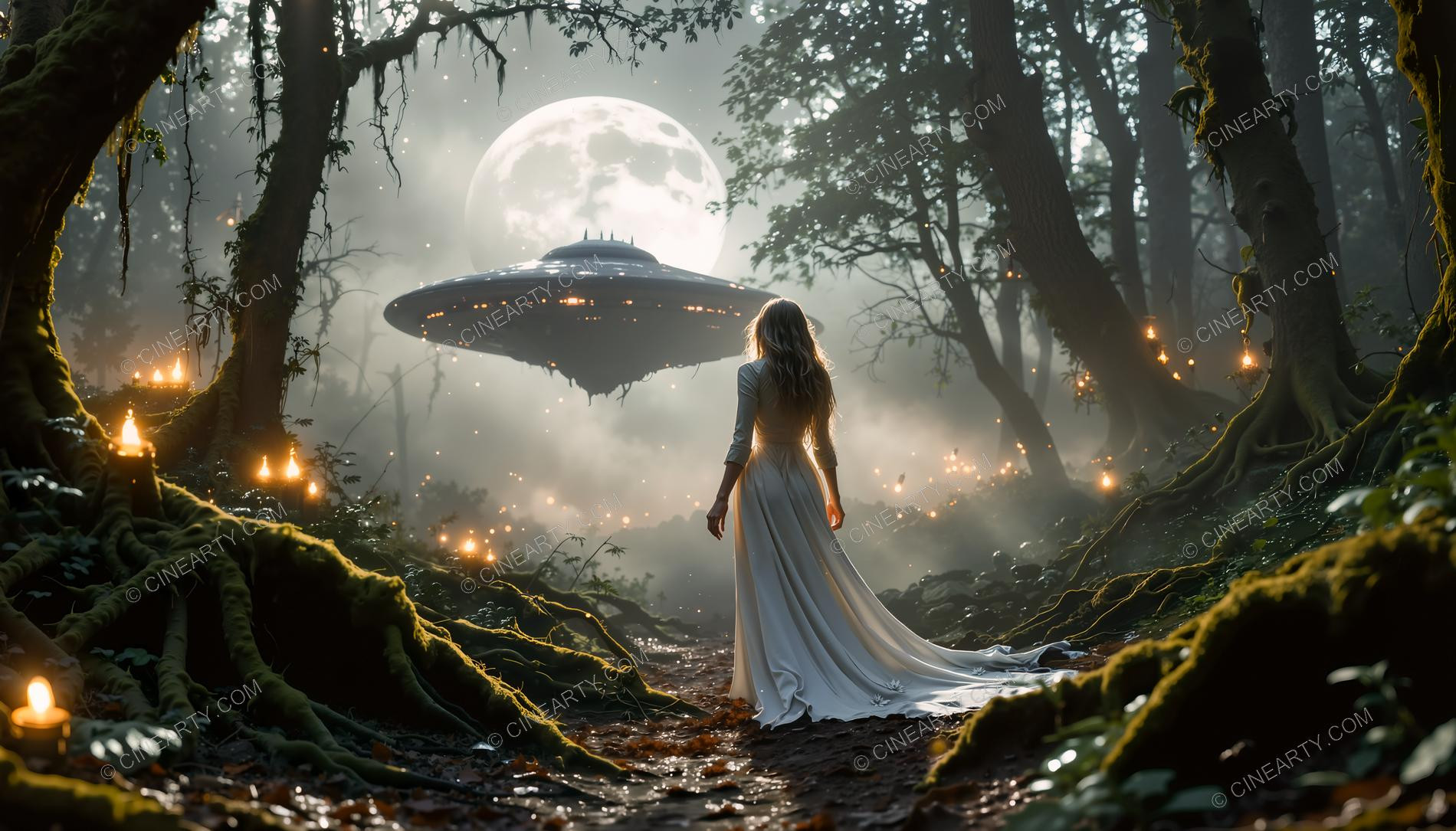 Elegant Lady Encounters Flying Saucer in Forest 80081