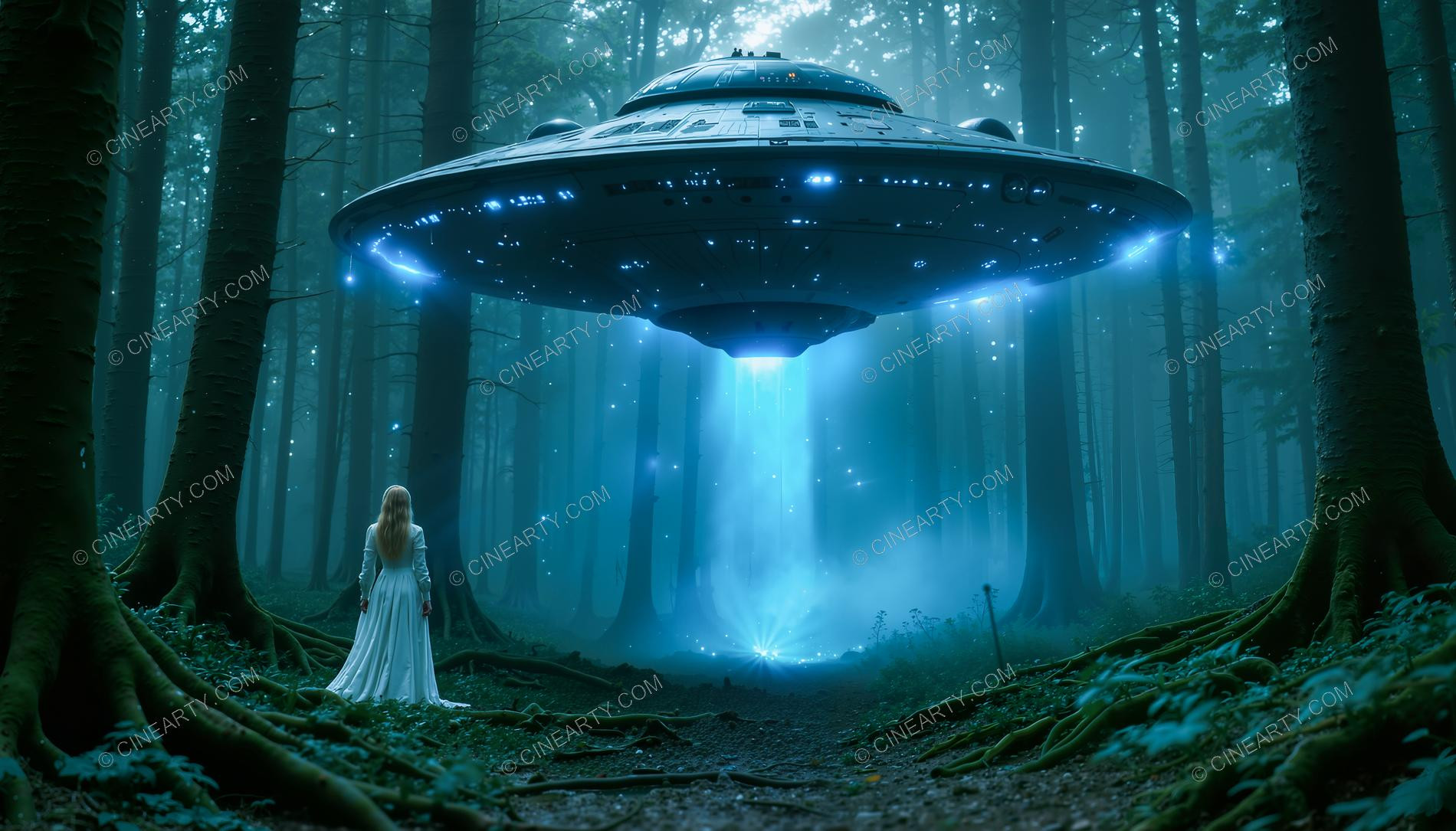 Elegant Lady Encounters Flying Saucer in Forest 20936