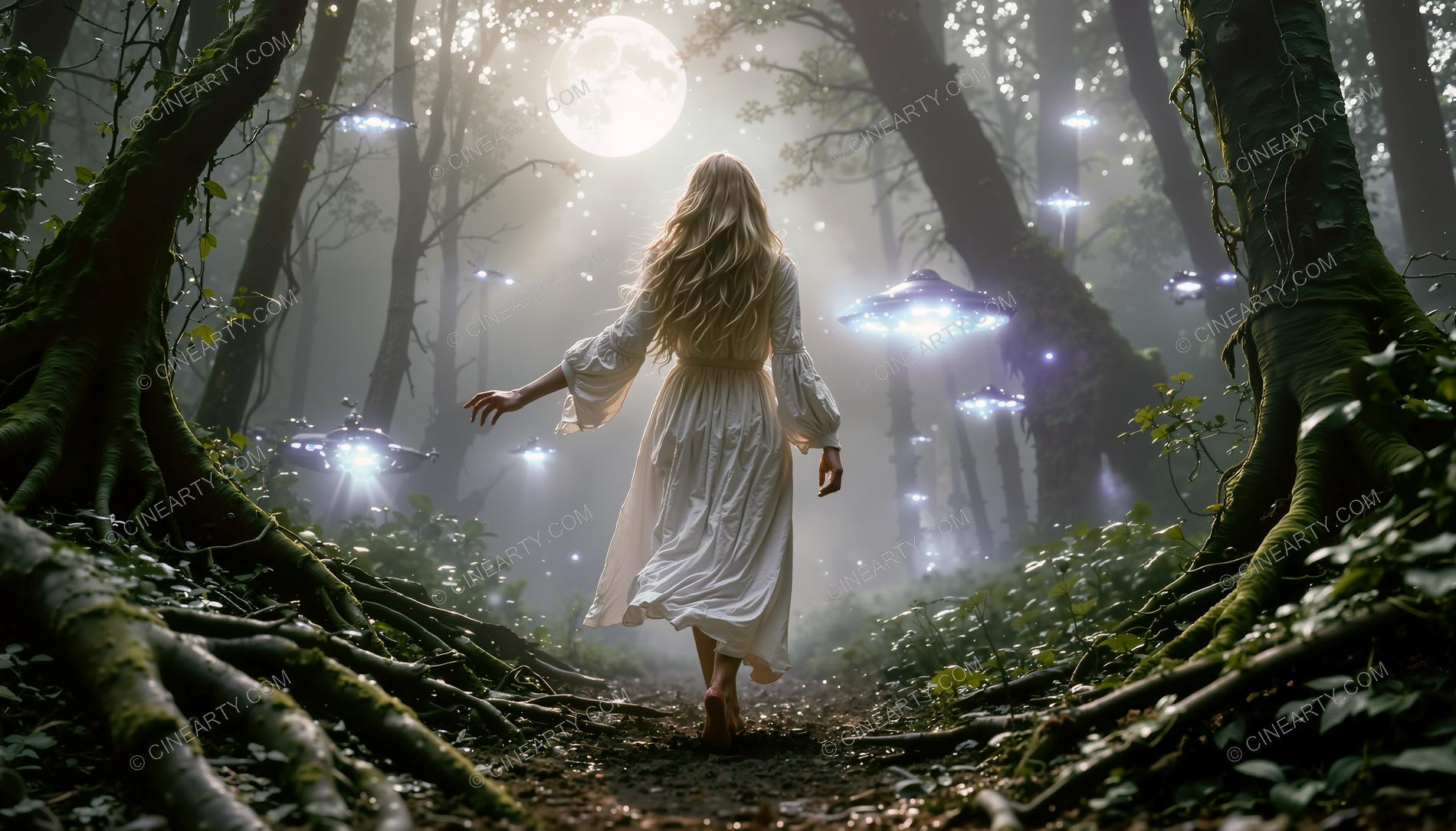 Elegant Lady Encounters Flying Saucer in Forest 41509