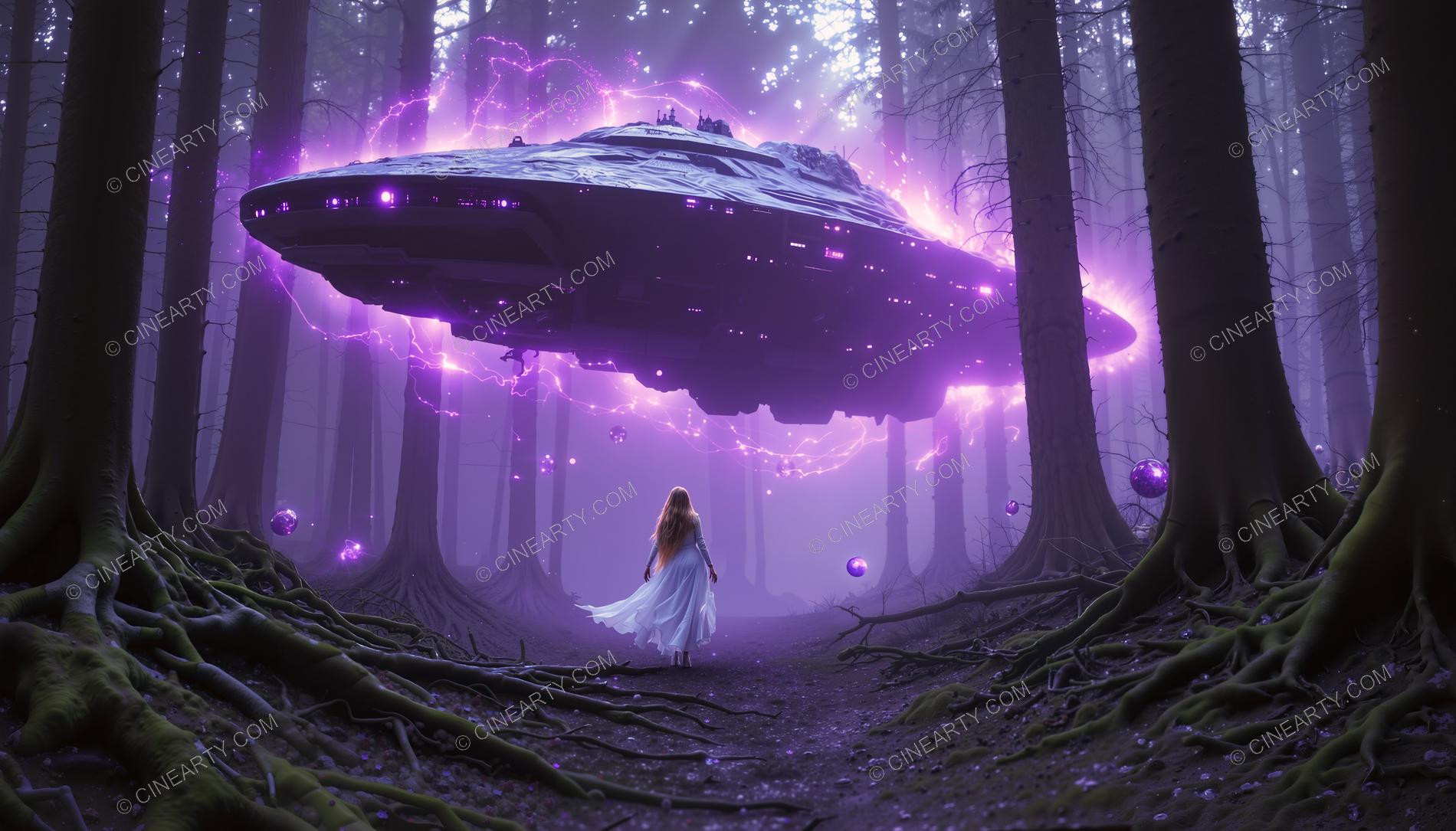 Elegant Lady Encounters Flying Saucer in Forest 96060
