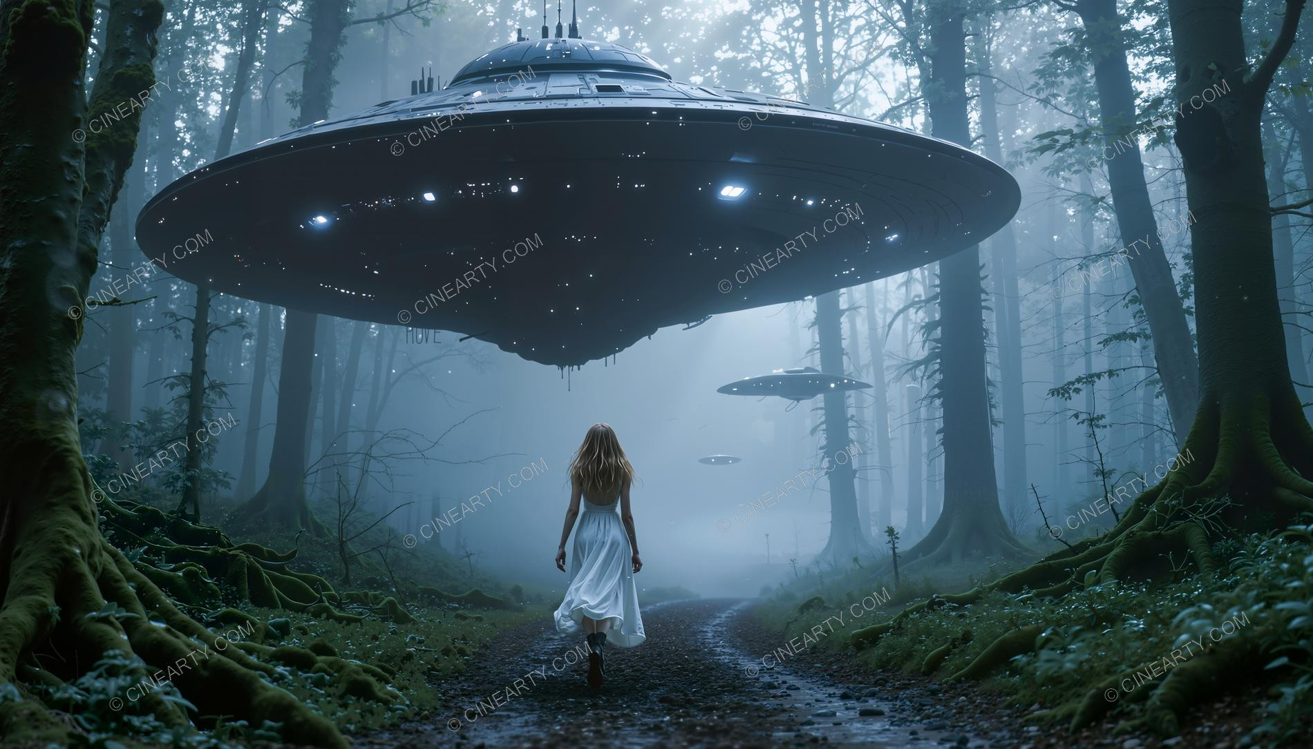 Elegant Lady Encounters Flying Saucer in Forest 66567