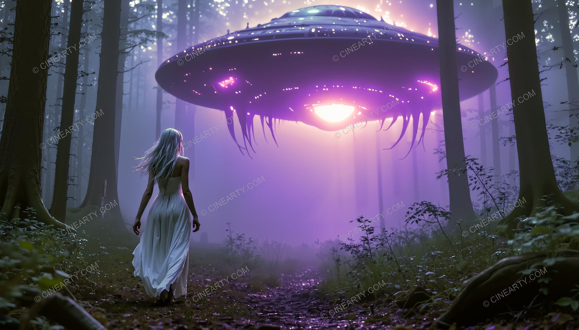 Elegant Lady Encounters Flying Saucer in Forest 12640