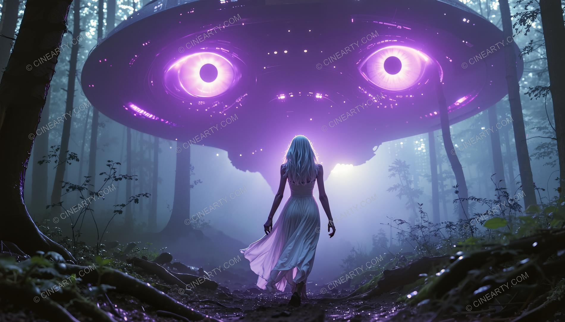 Elegant Lady Encounters Flying Saucer in Forest 88944