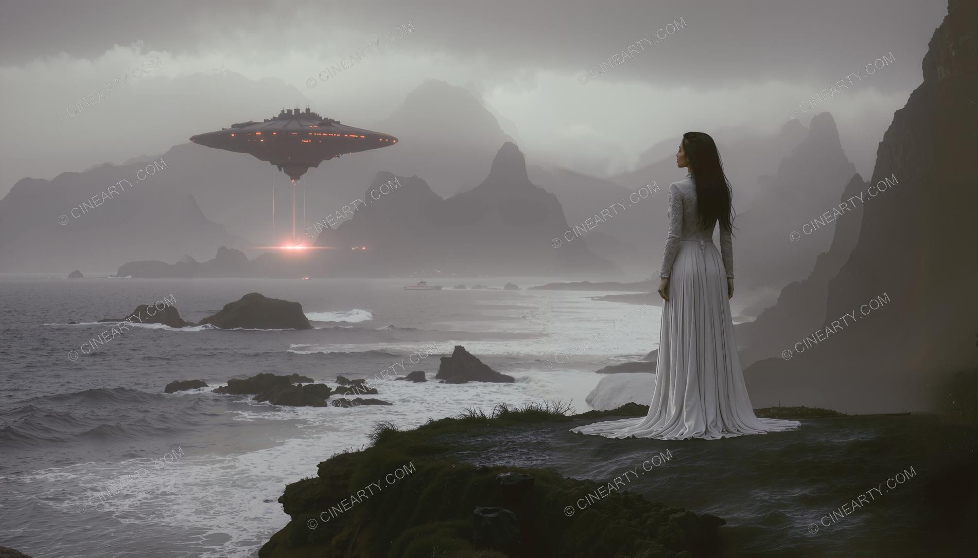 Elegant Lady Encounters Flying Saucer in Mountains 81030