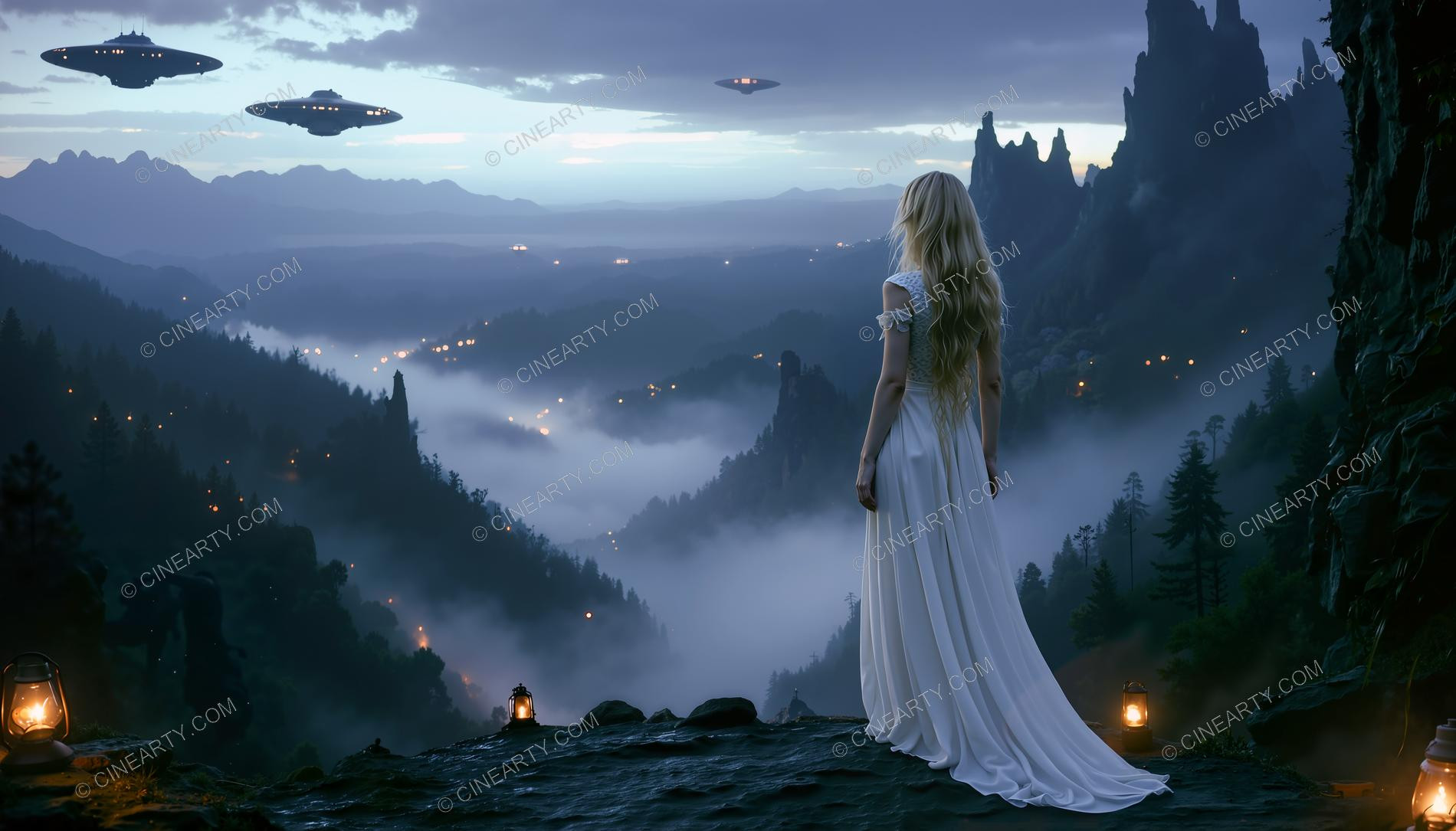 Elegant Lady Encounters Flying Saucer in Mountains 81916