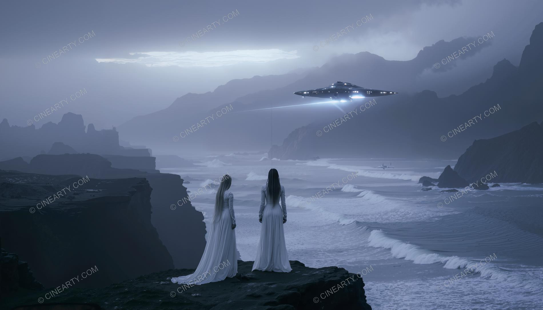 Elegant Lady Encounters Flying Saucer in Mountains 00694