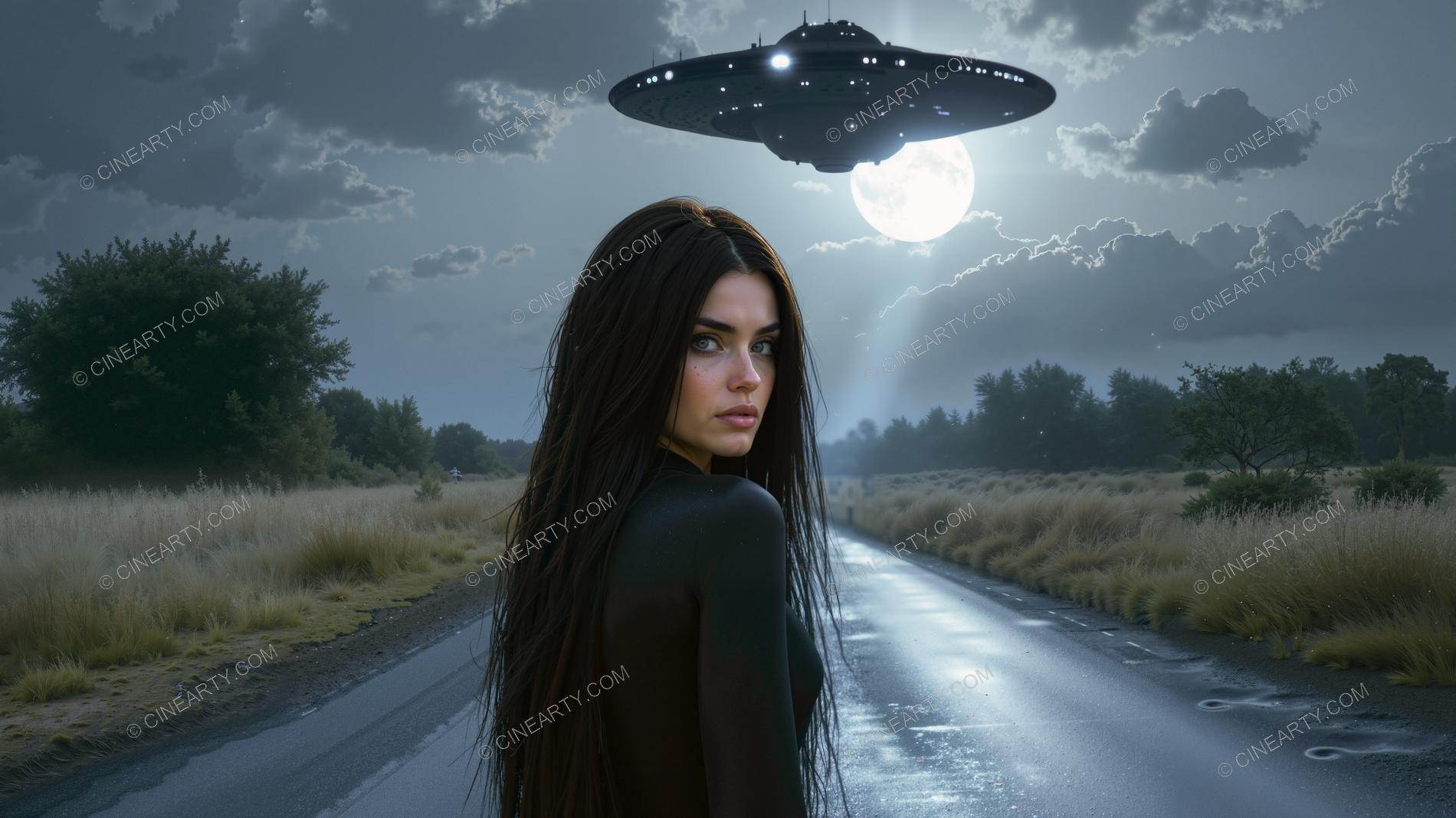 Elegant Lady Encounters Flying Saucer on Road 44439