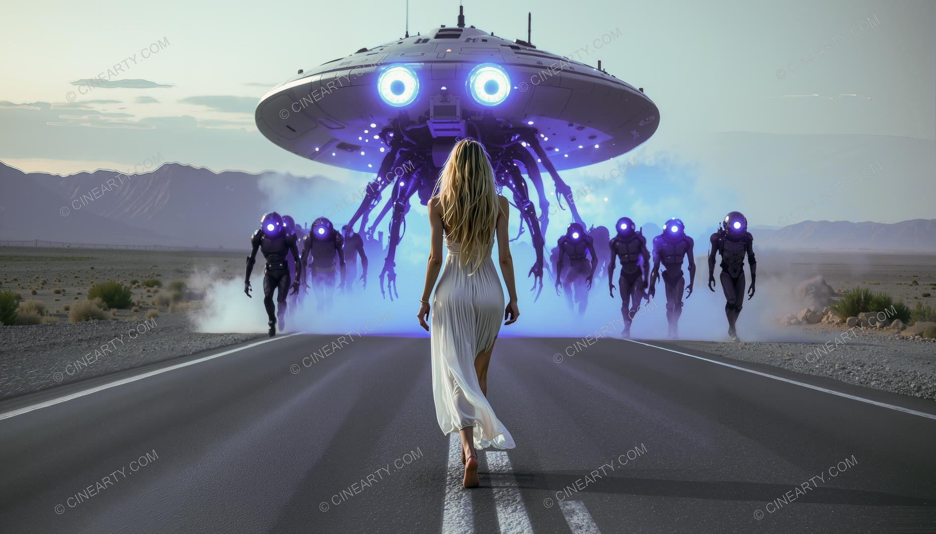 Elegant Lady Encounters Flying Saucer on Road 13968