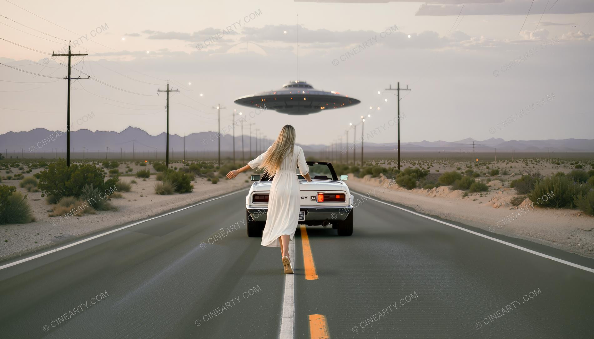 Elegant Lady Encounters Flying Saucer on Road 44178