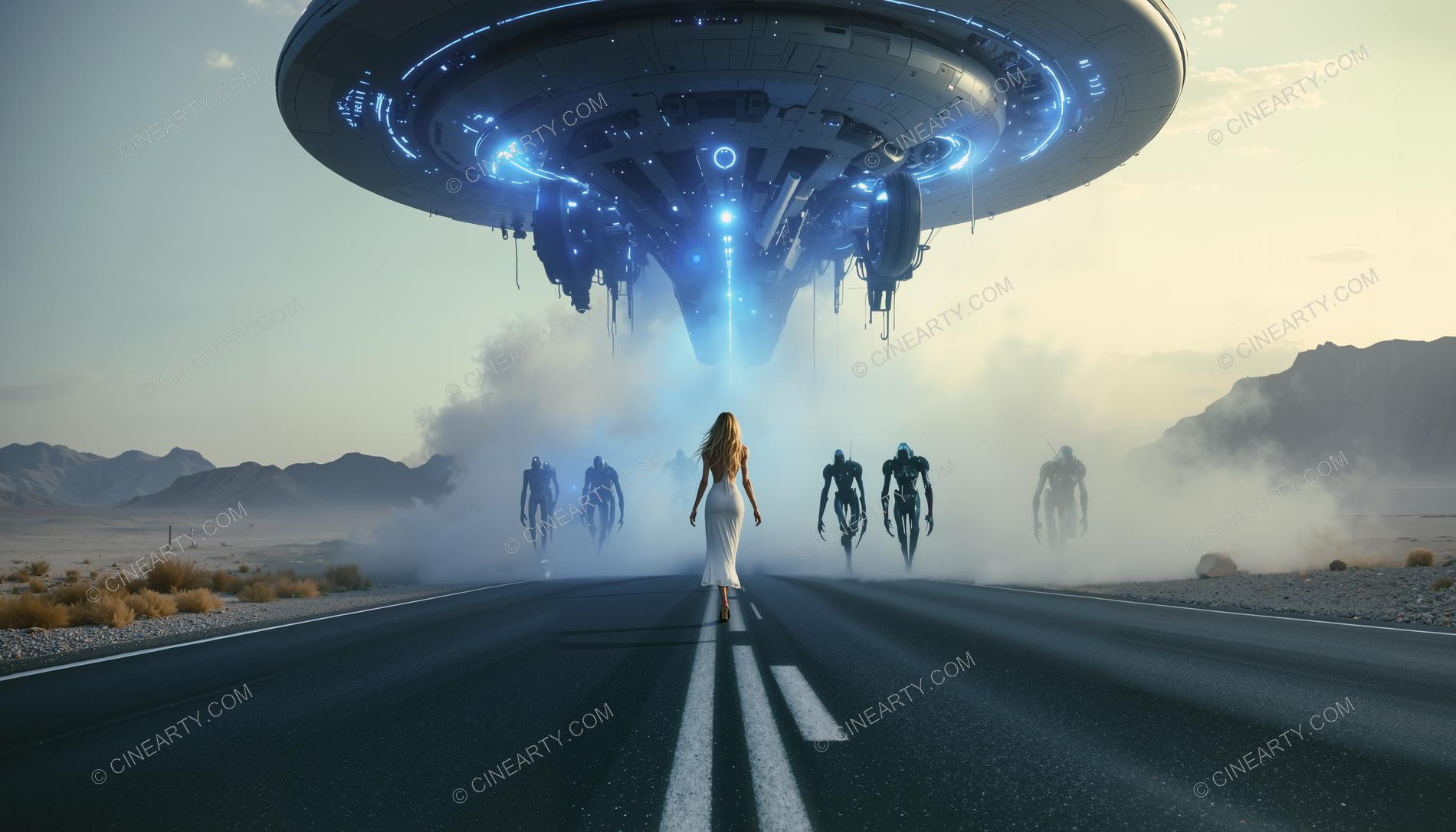 Elegant Lady Encounters Flying Saucer on Road 59284