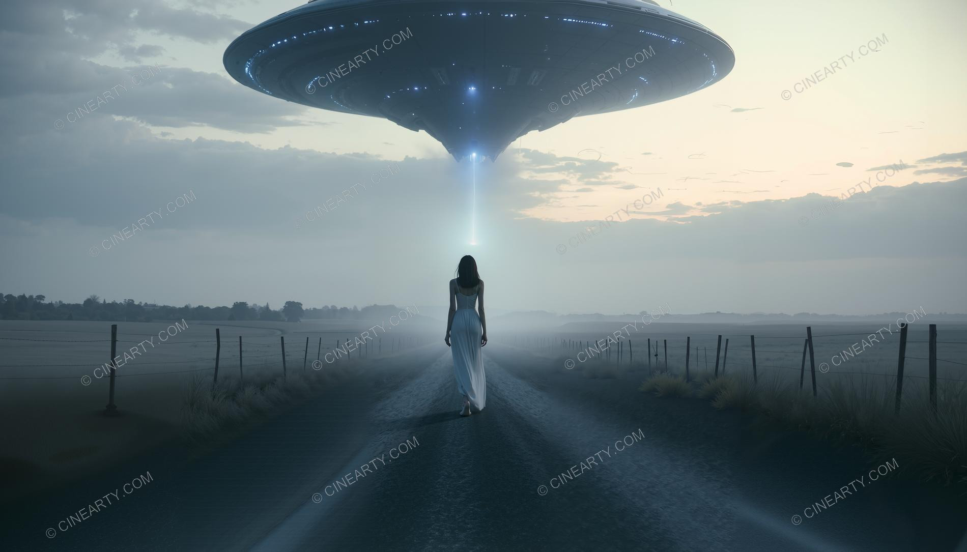 Elegant Lady Encounters Flying Saucer on Road 74548