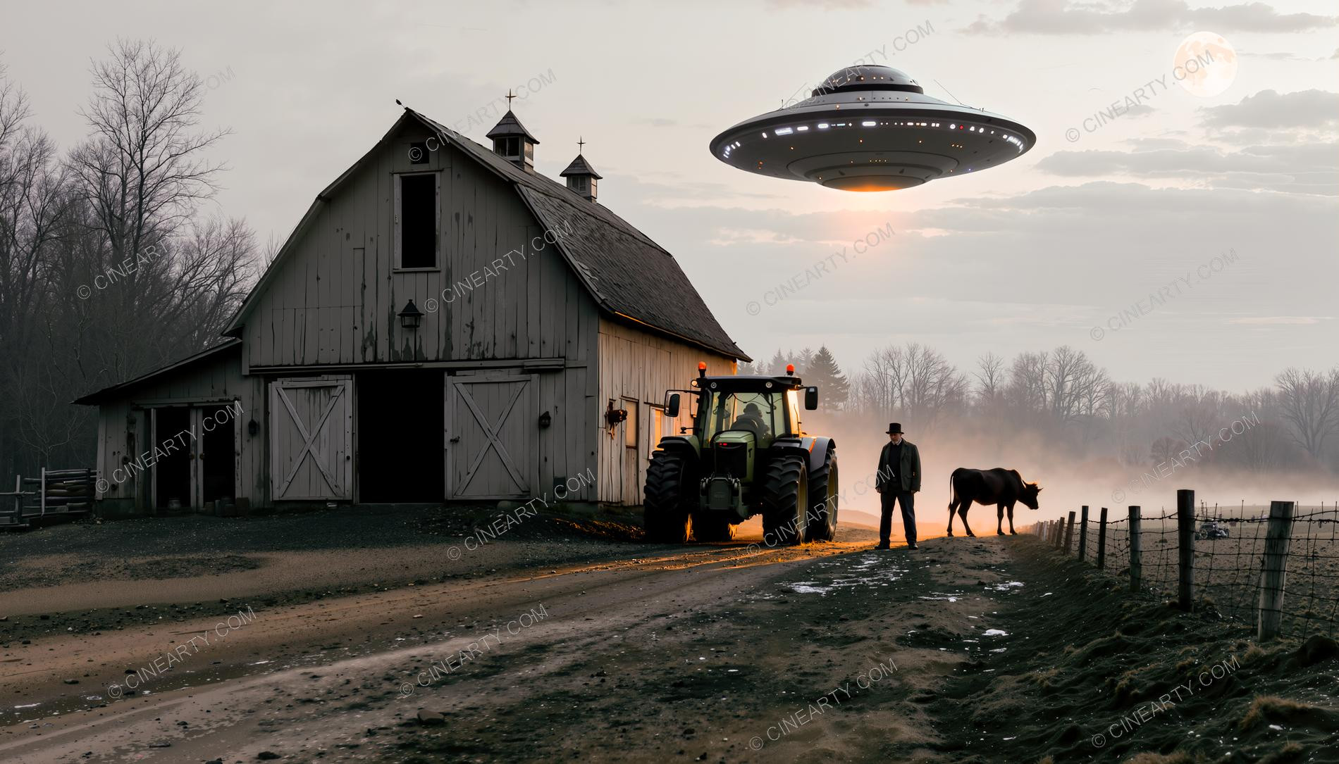 Flying Saucer over a Barn 42145