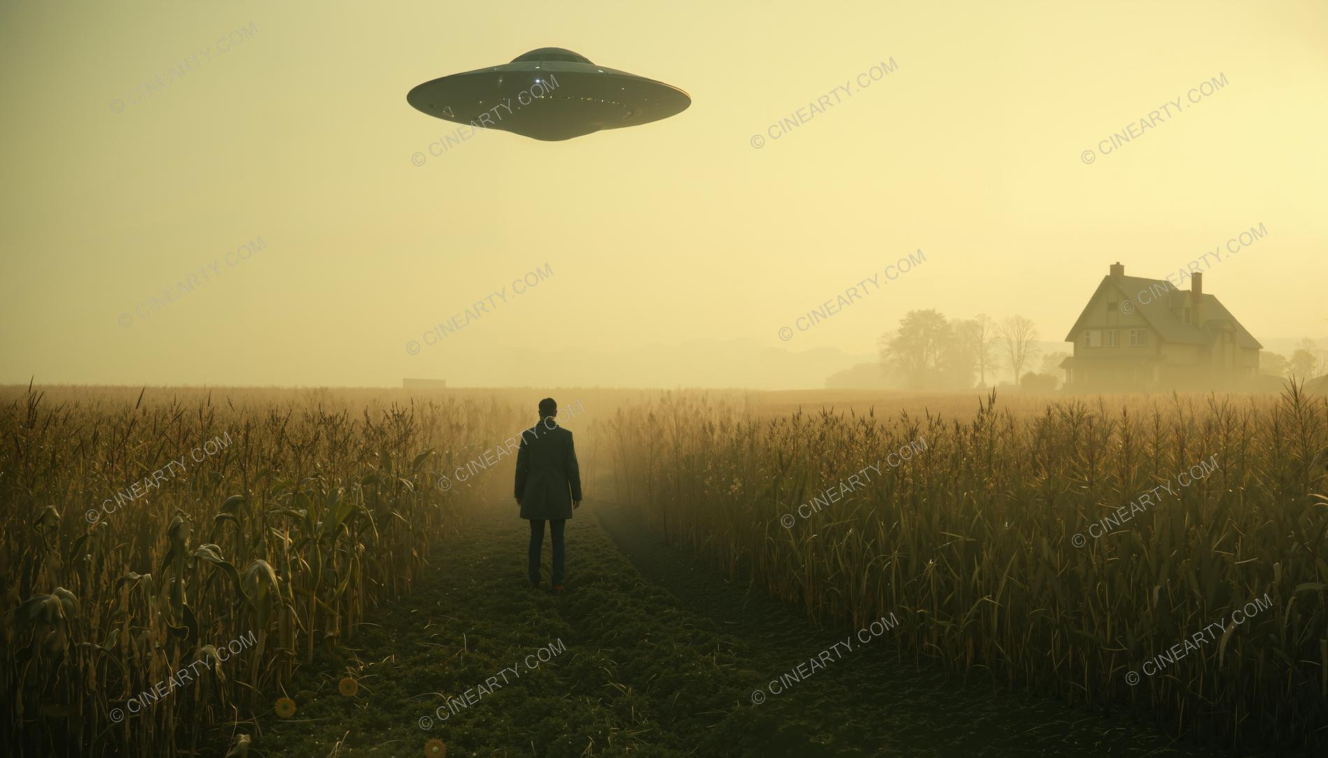 Flying Saucer over a Farm Field in Mist 21467