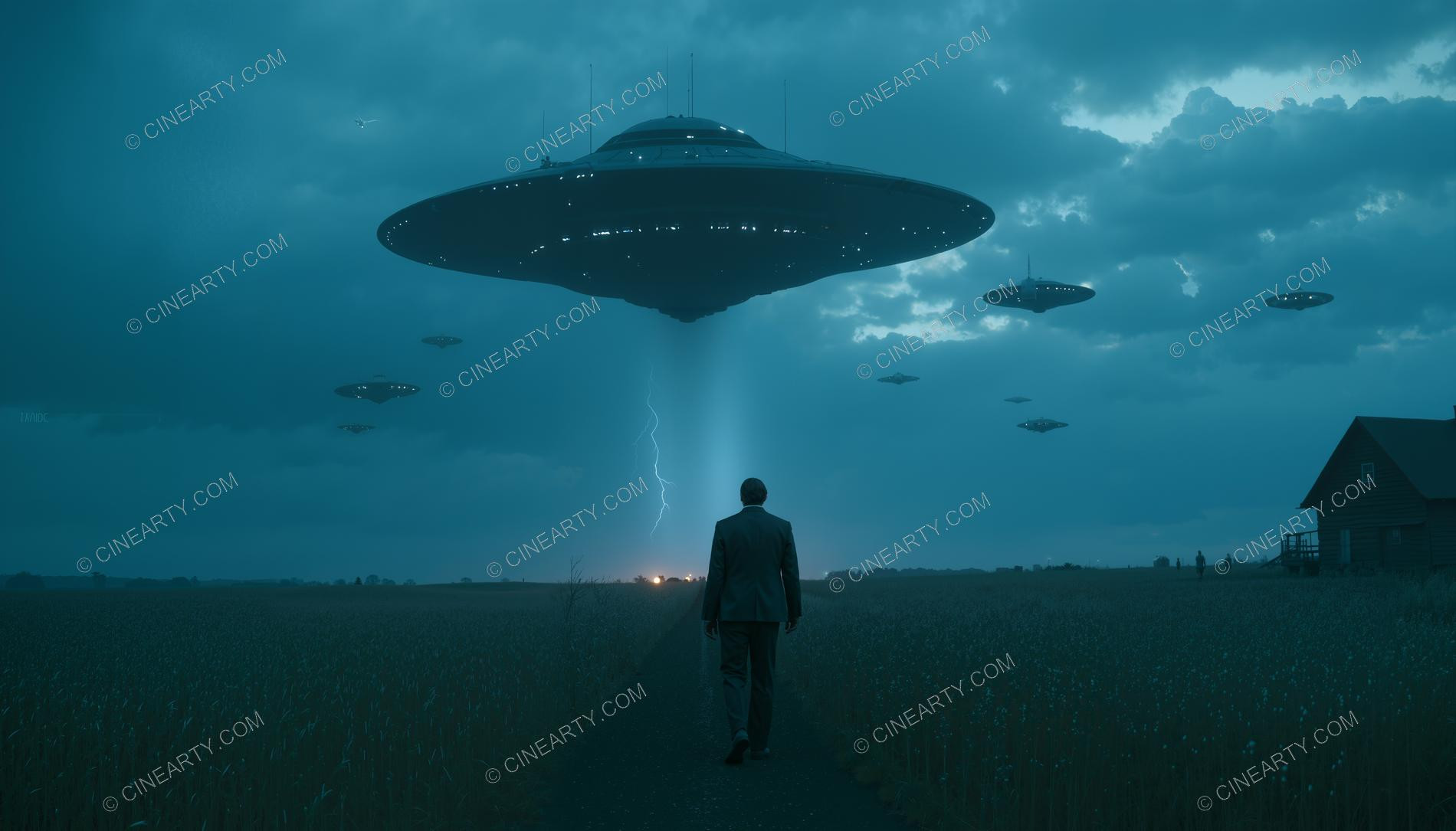Flying Saucer over a Farm Field in Mist 58396