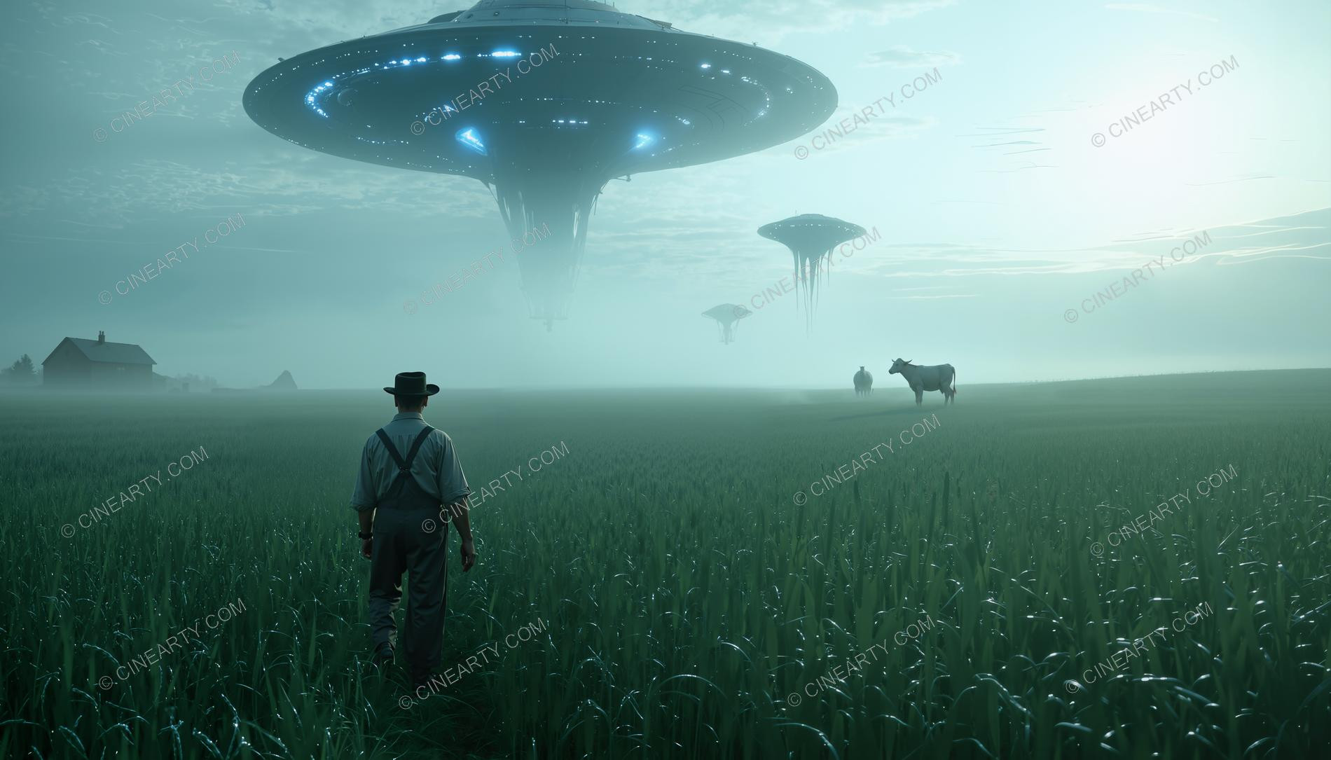 Flying Saucer over a Farm Field in Mist 56811