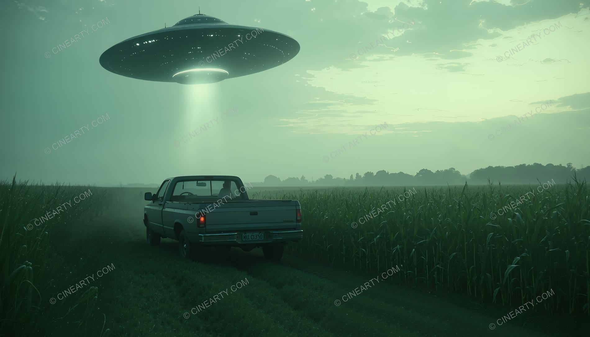 Flying Saucer over a Farm Field in Mist 29876