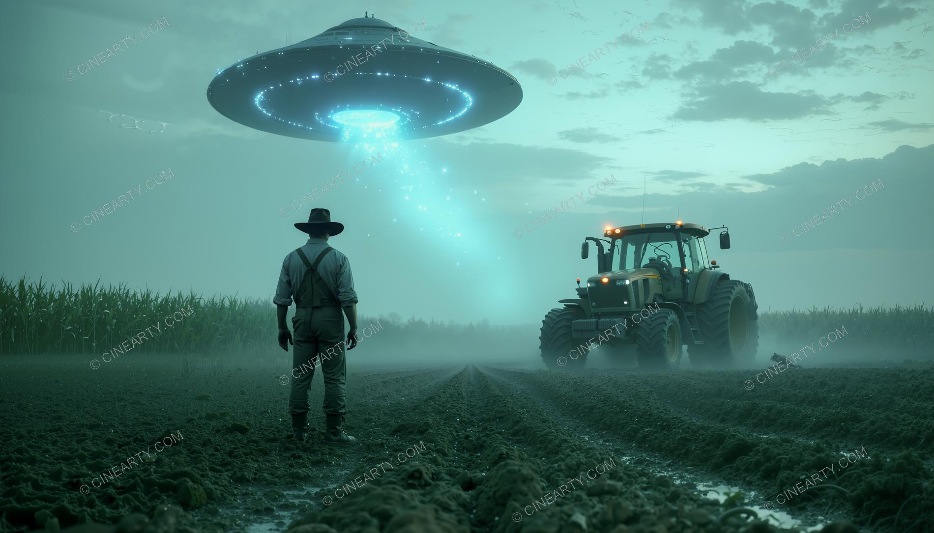 Flying Saucer over a Farm Field with Tractor 52824