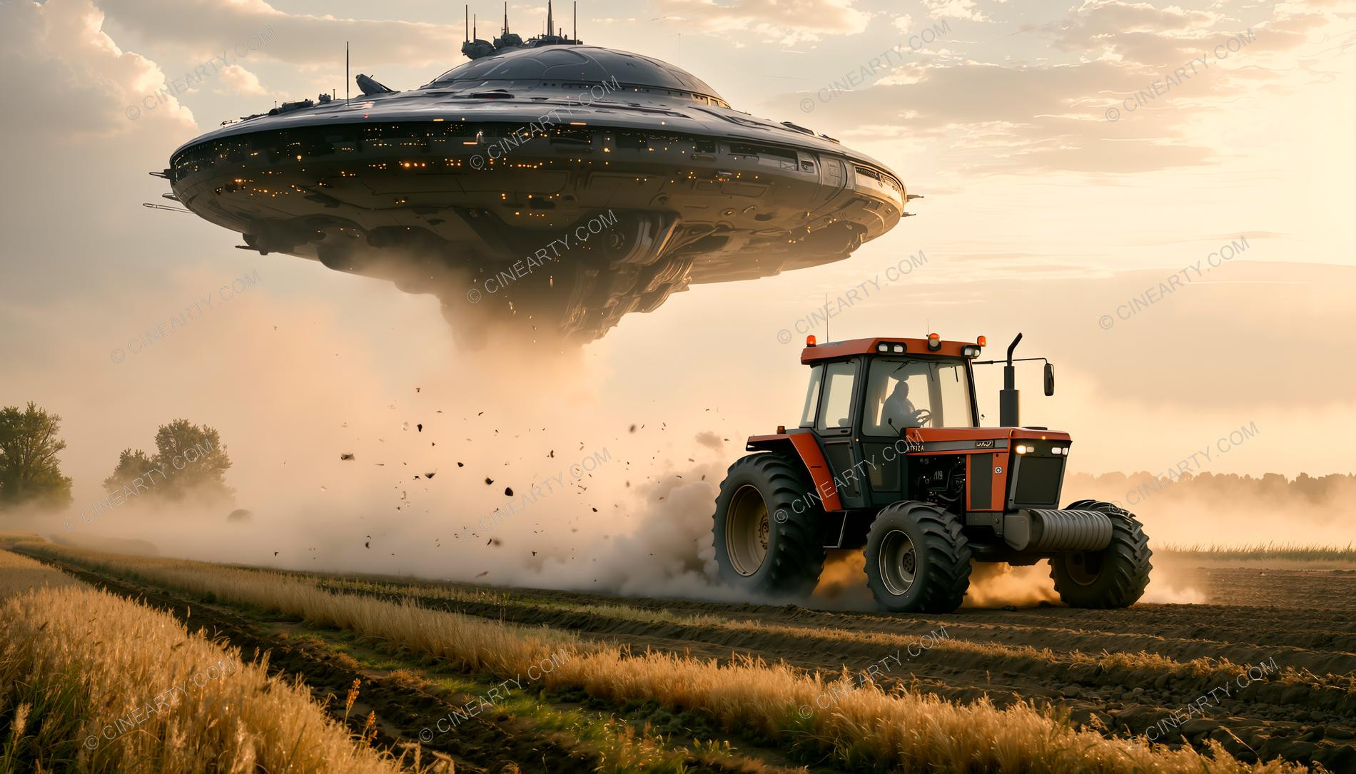 Flying Saucer over a Farm Field with Tractor 04579