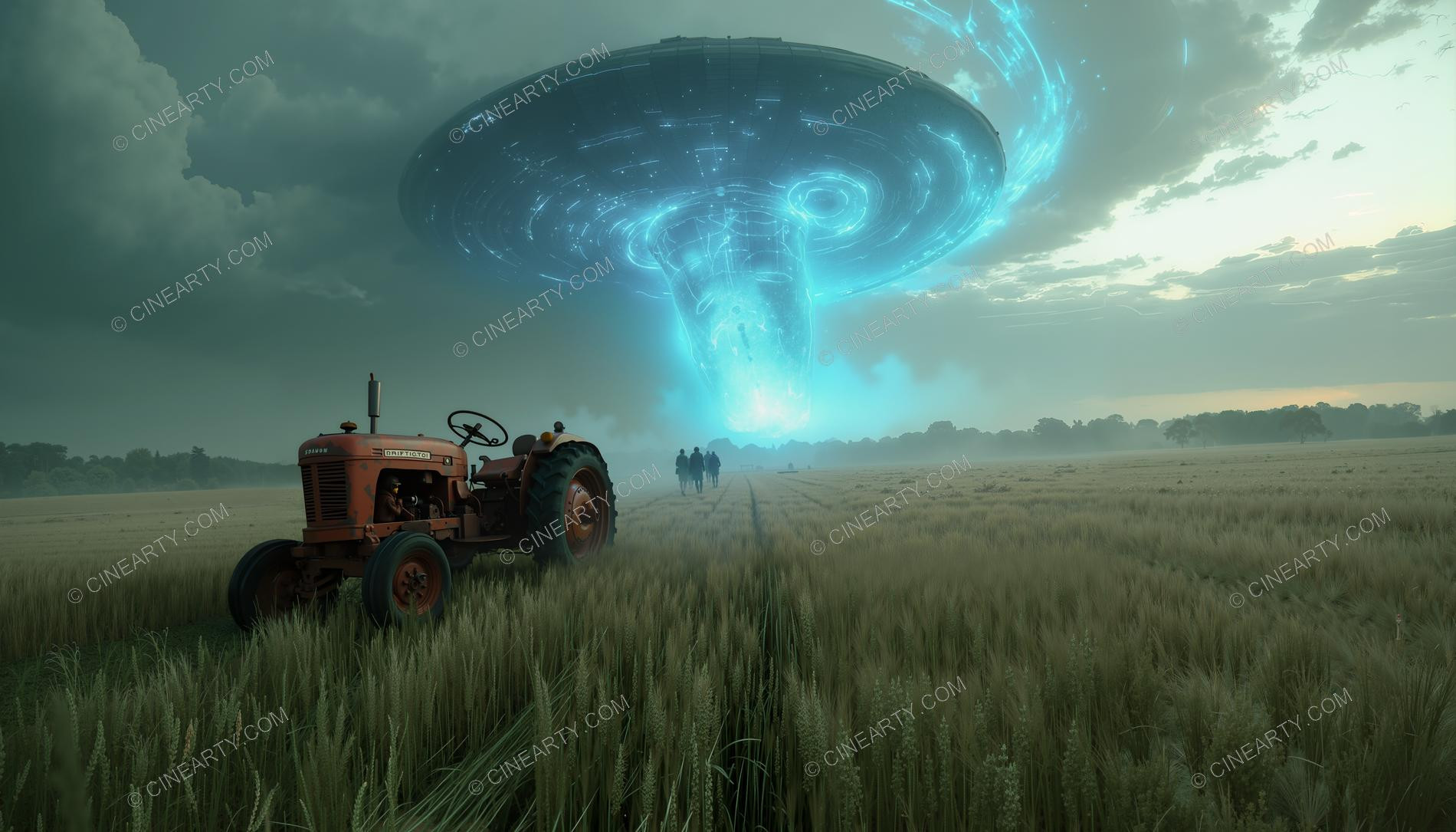 Flying Saucer over a Farm Field with Tractor 71810