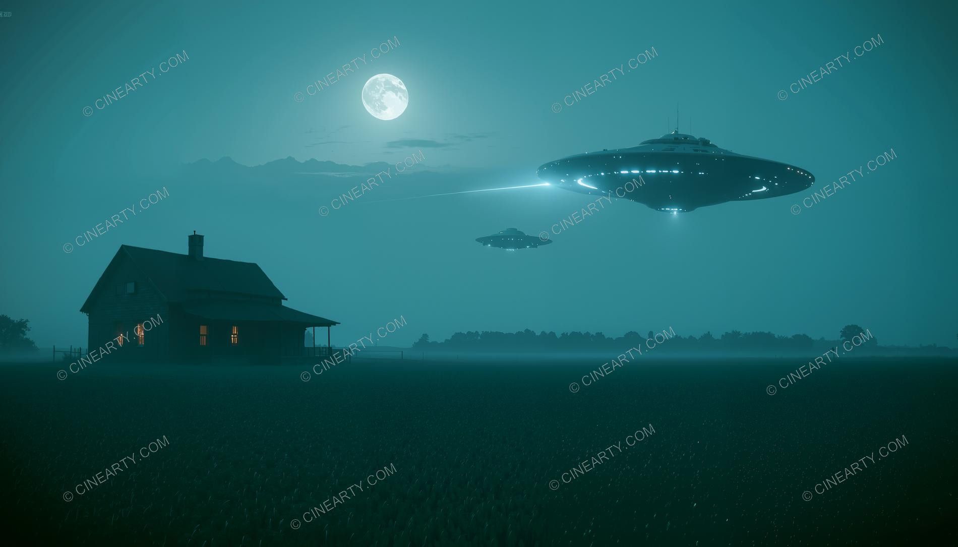 Flying Saucer over a Farmhouse in Mist 19289