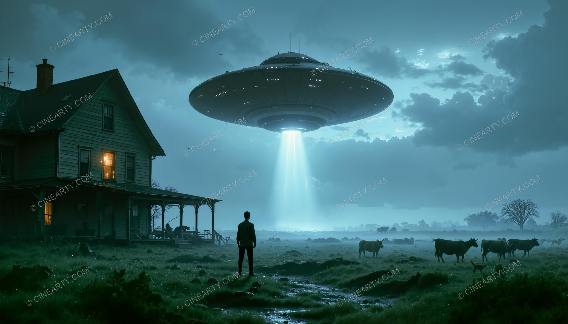 Flying Saucer over a Farmhouse in Mist 21552