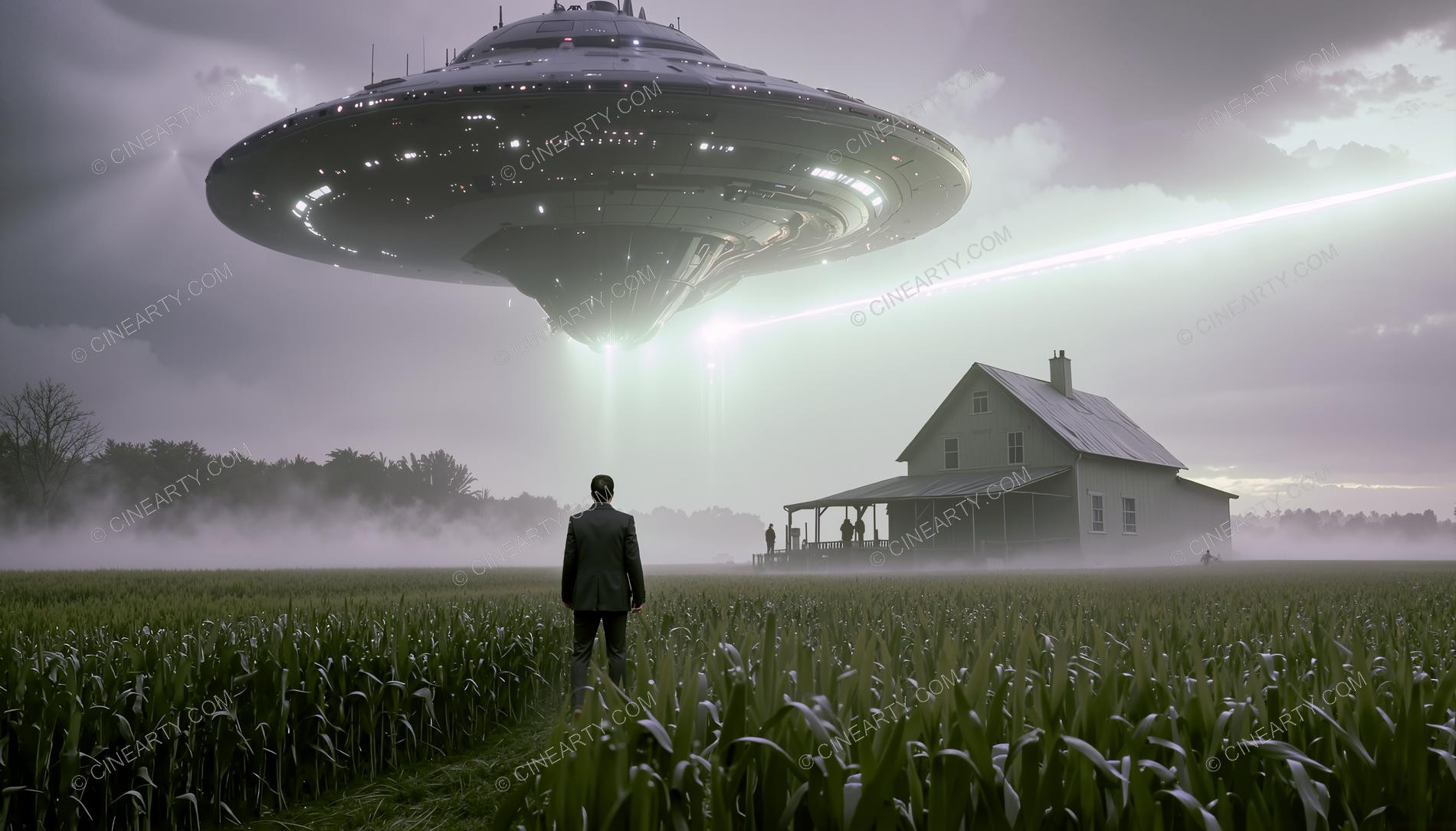Flying Saucer over a Farmhouse in Mist 19020