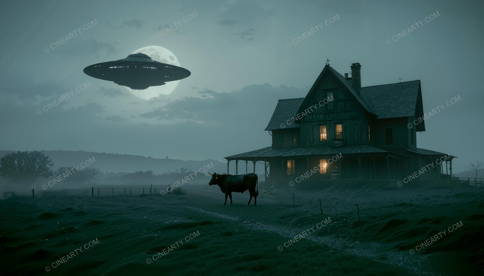 Flying Saucer over a Farmhouse in Mist 26563