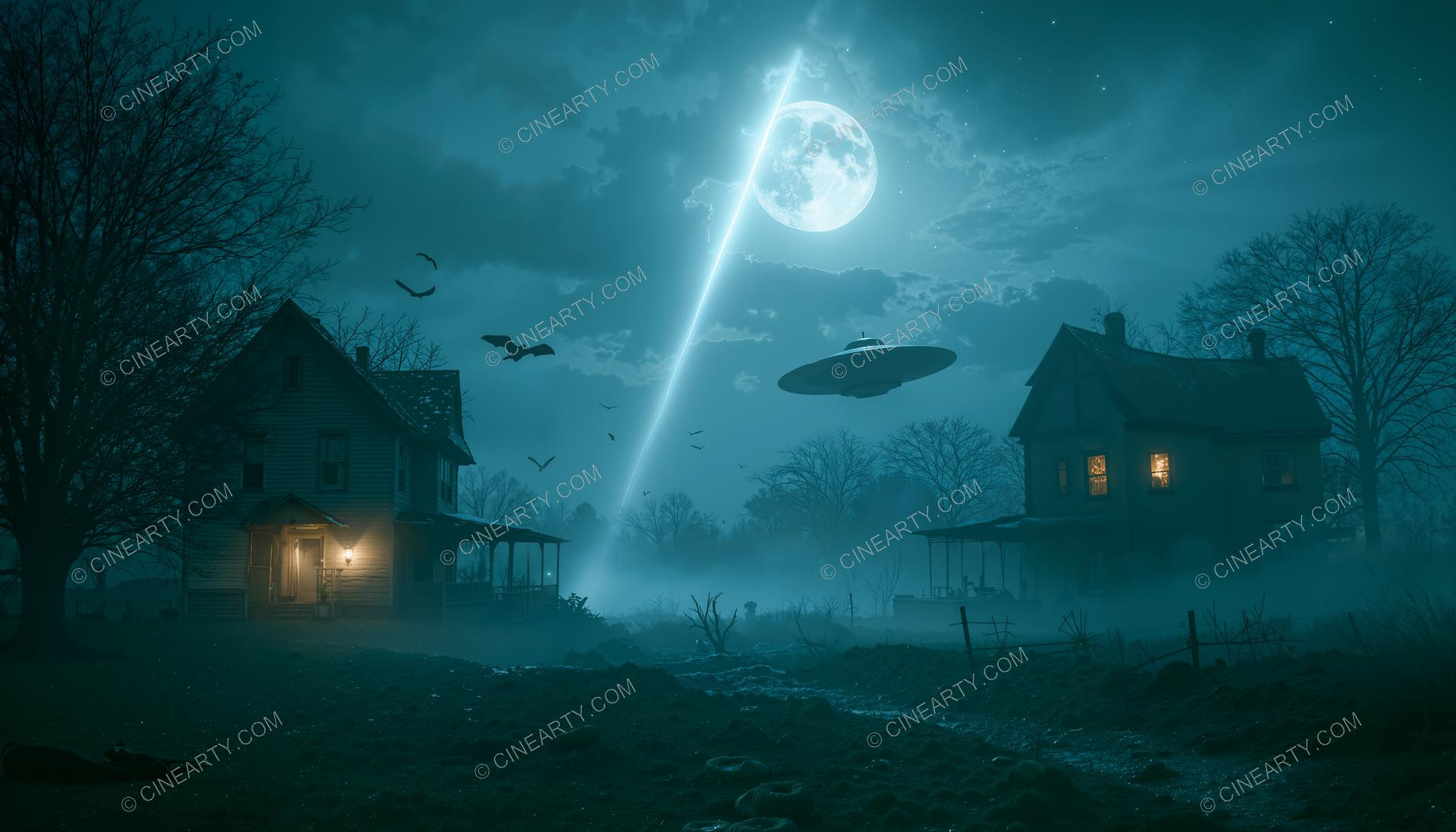 Flying Saucer over a Farmhouse in Mist 90990