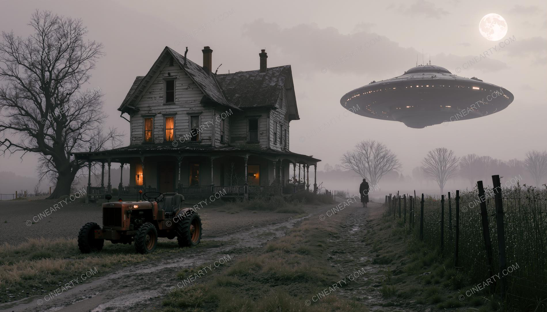 Flying Saucer over a Farmhouse in Mist 44504