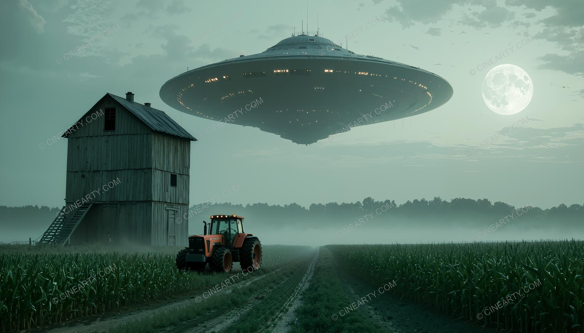 Flying Saucer over a Farmhouse in Mist 01940