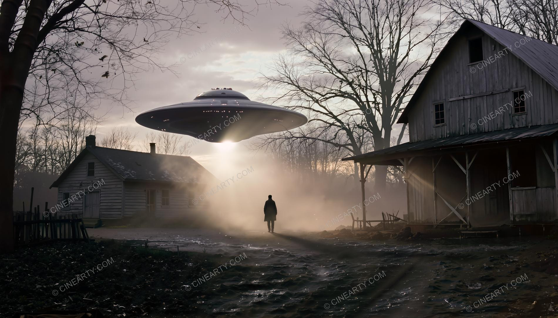 Flying Saucer over a Farmhouse in Mist 79487