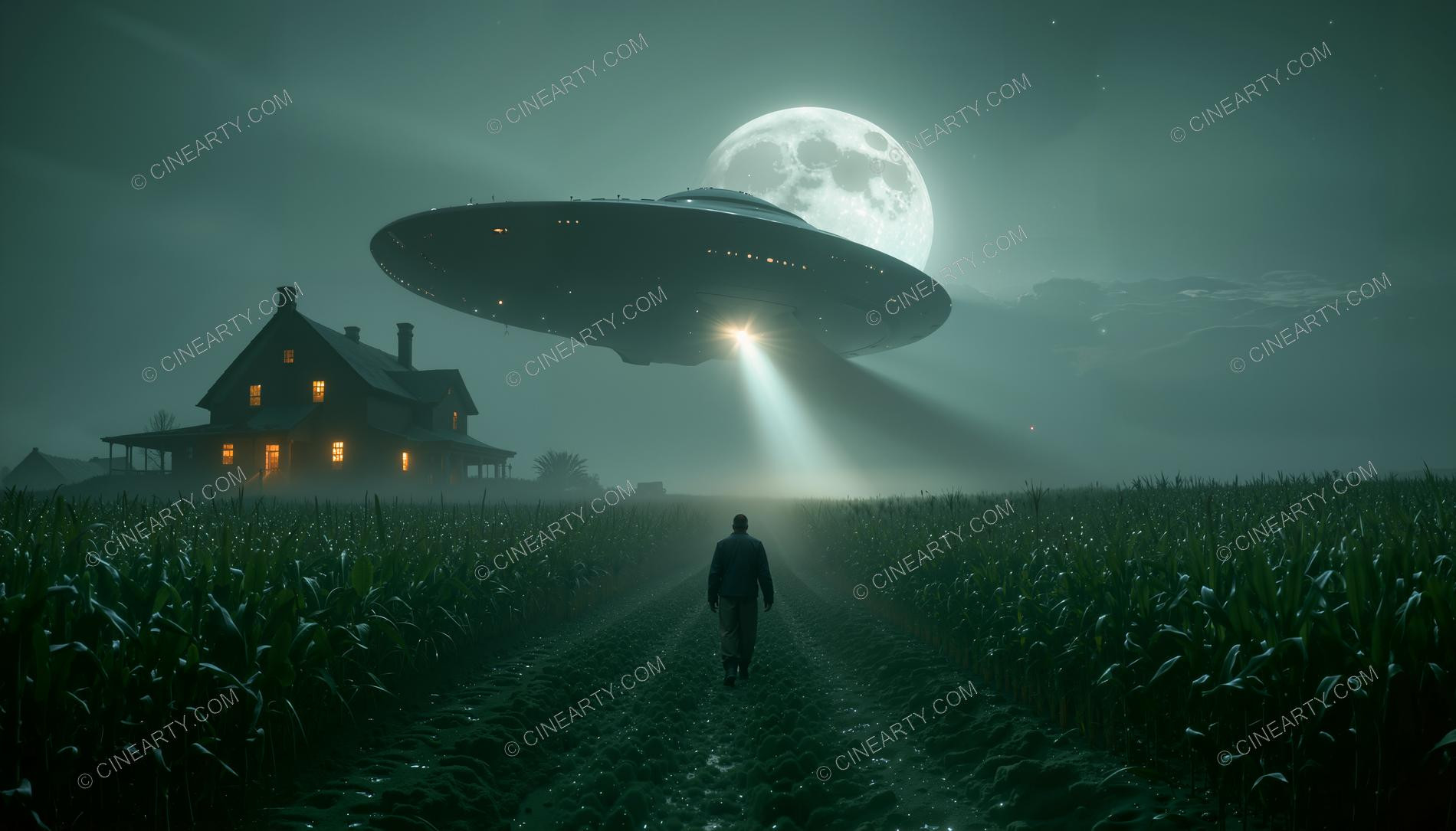 Flying Saucer over a Farmhouse in Mist 09142
