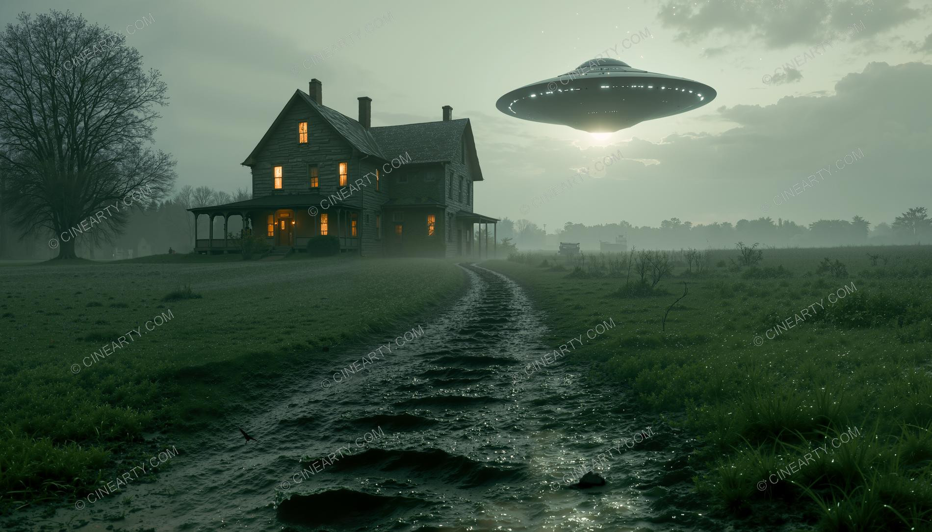 Flying Saucer over a Farmhouse in Mist 59258