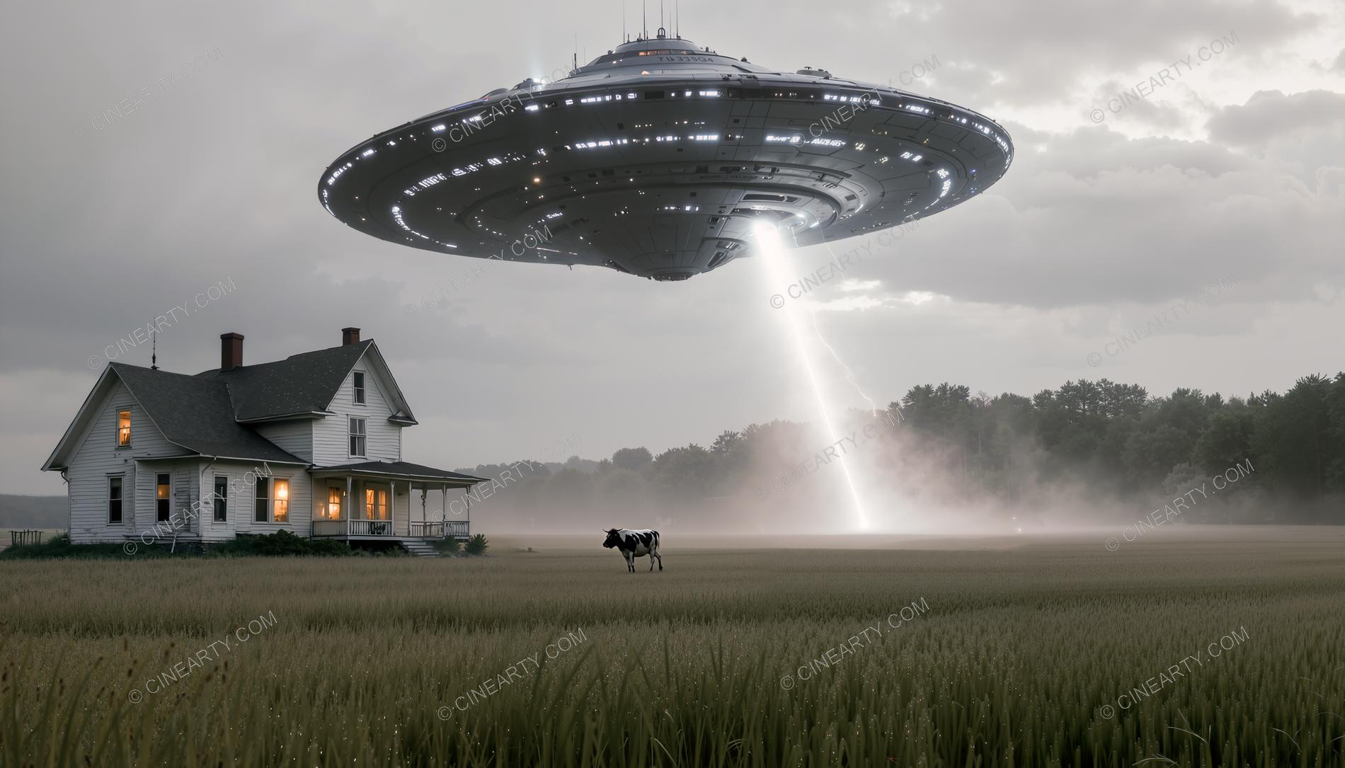 Flying Saucer over a Farmhouse in Mist 82570
