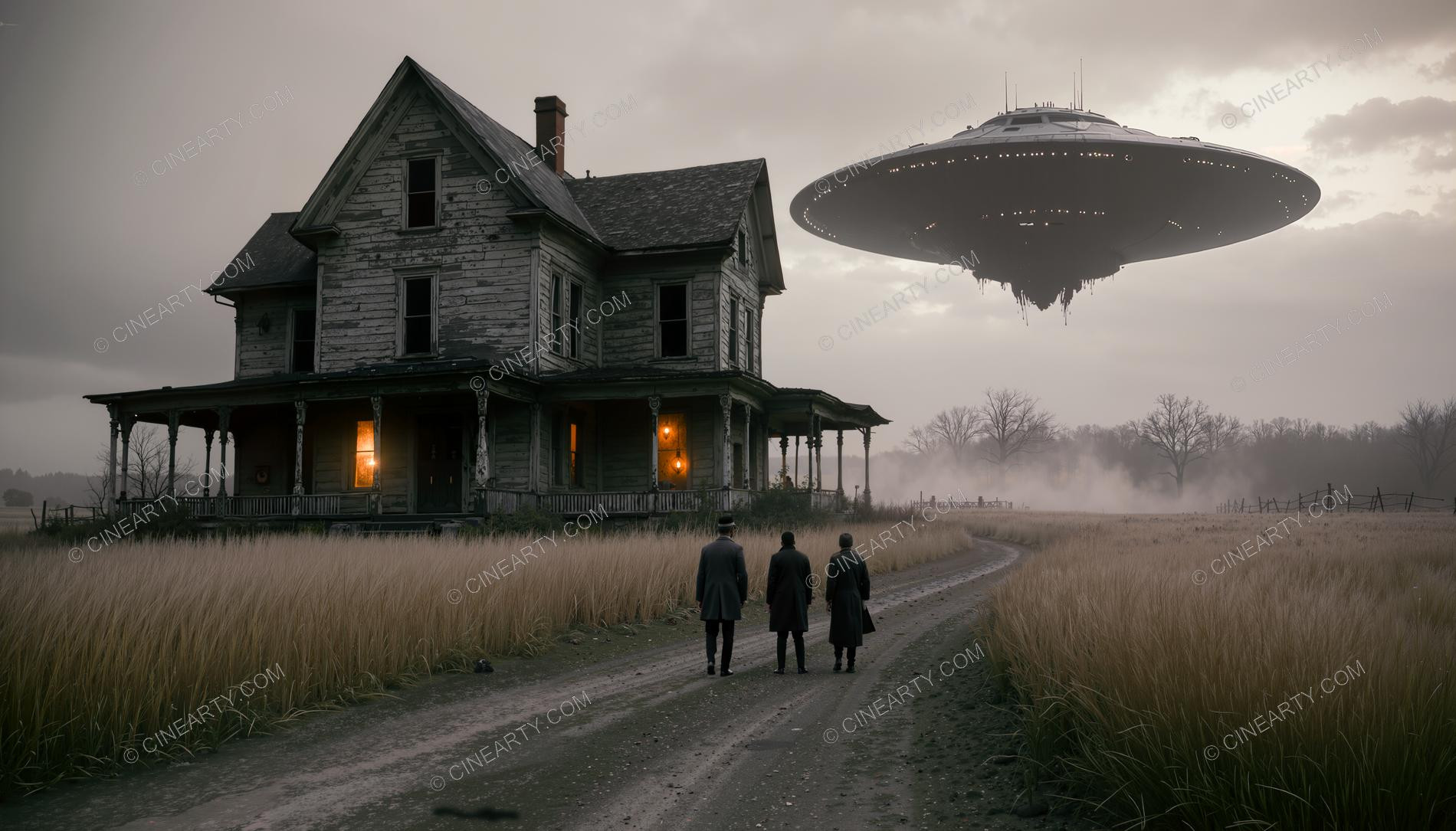 Flying Saucer over a Farmhouse in Mist 59513